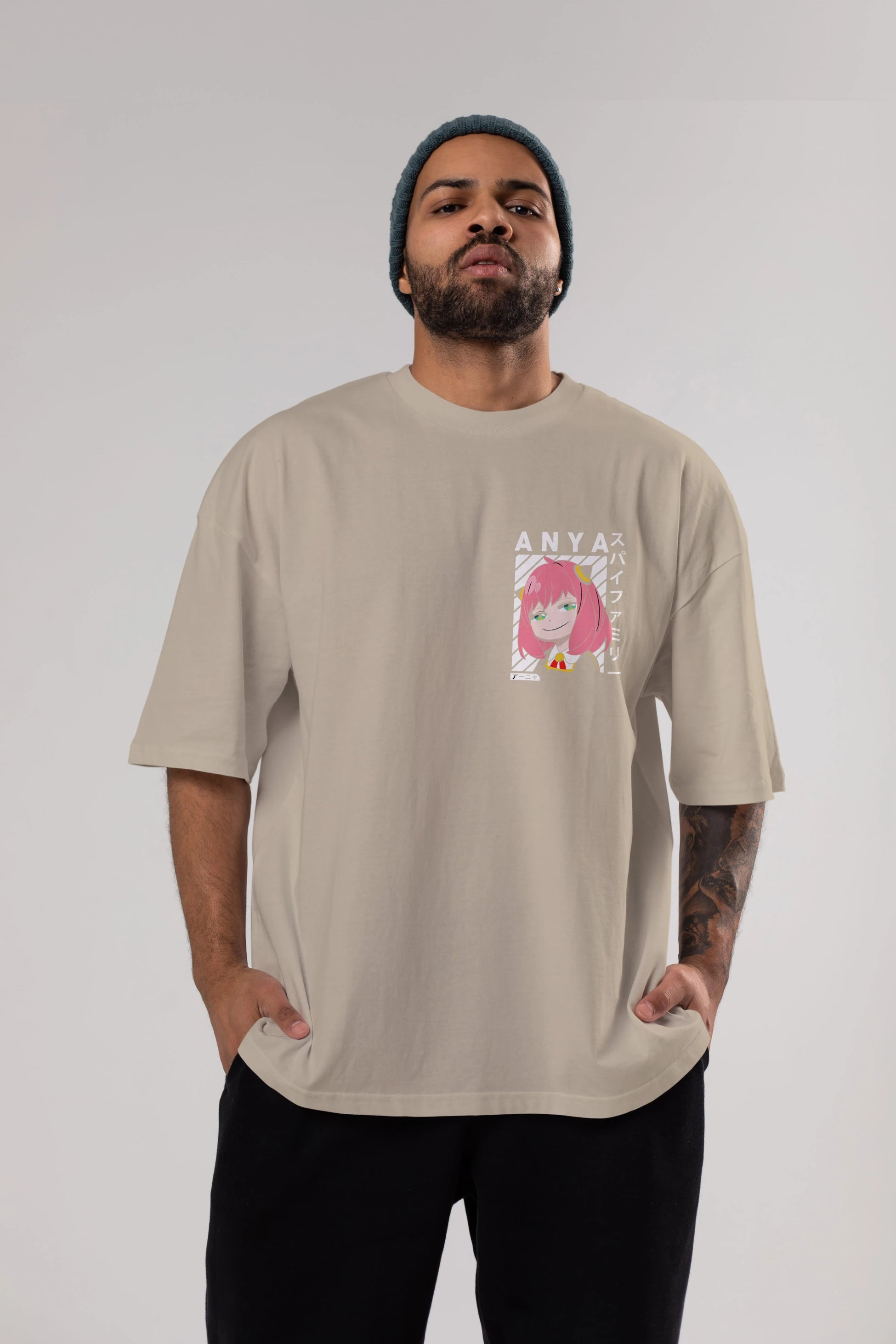 Anya SPYX FAMILY Ön Sol Baskılı Oversize t-shirt Erkek Kadın Unisex %100 Pamuk Bisiklet Yaka tişort