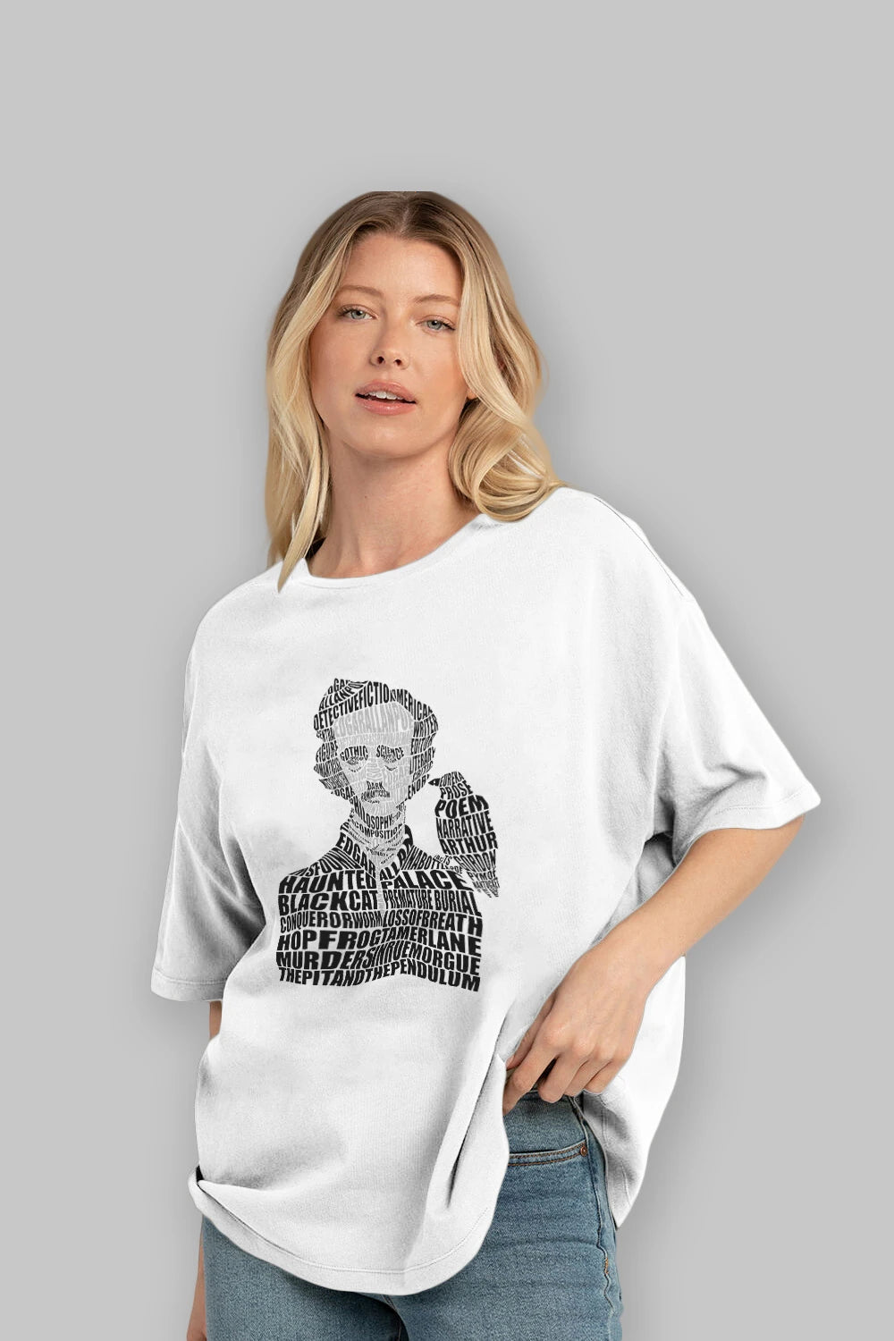 Edgar Alan Poe Calligram Ön Baskılı Oversize t-shirt %100 pamuk Erkek Kadın Unisex