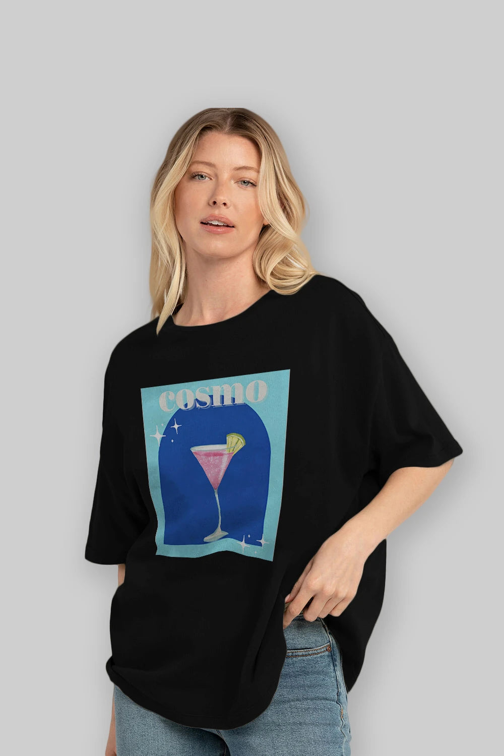 Cosmopolitan 2 Ön Baskılı Oversize t-shirt Erkek Kadın Unisex %100 Pamuk Bisiklet Yaka tişort