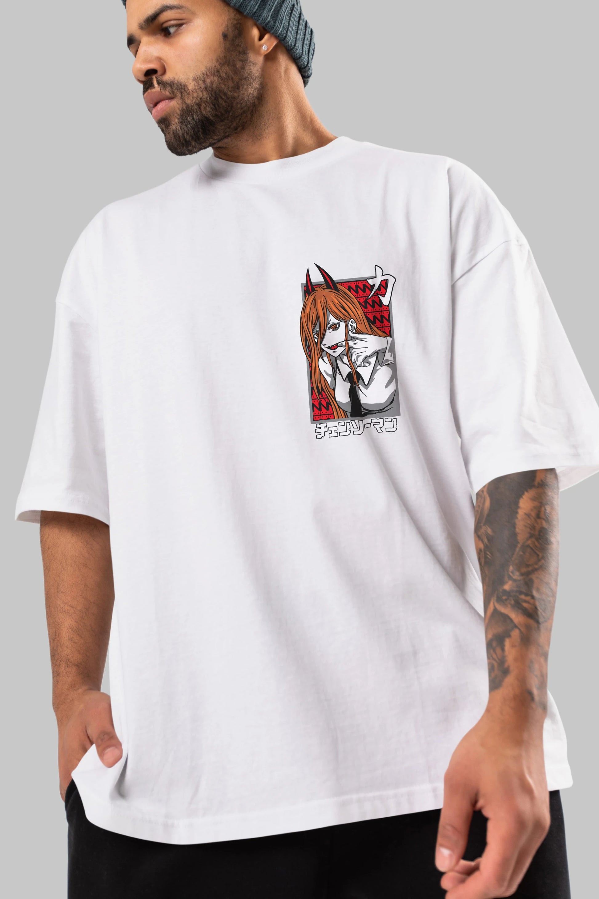 CHAINSAWMAN POWER Ön Sol Baskılı Oversize t-shirt Erkek Kadın Unisex %100 Pamuk Bisiklet Yaka tişort