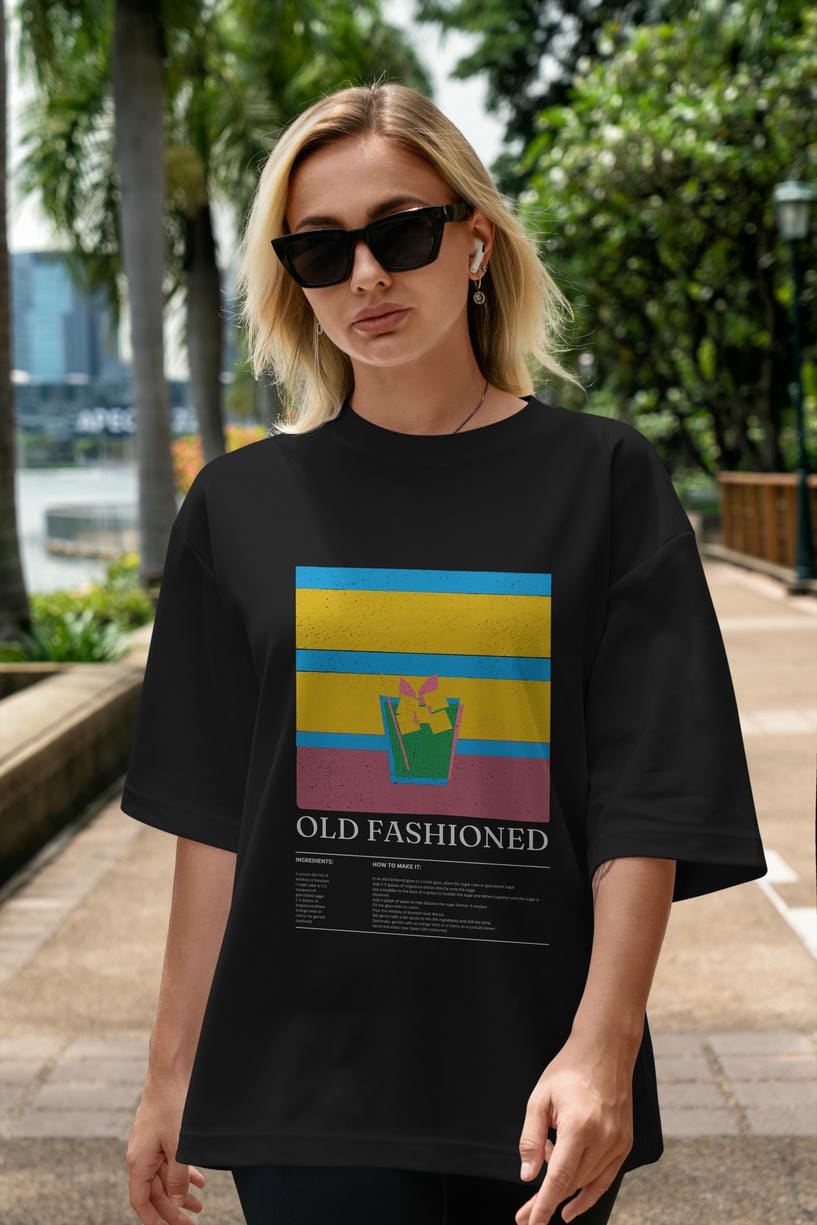 Old Fashioned Kokteyl Ön Baskılı Oversize t-shirt Erkek Kadın %100 Pamuk Bisiklet Yaka tişort