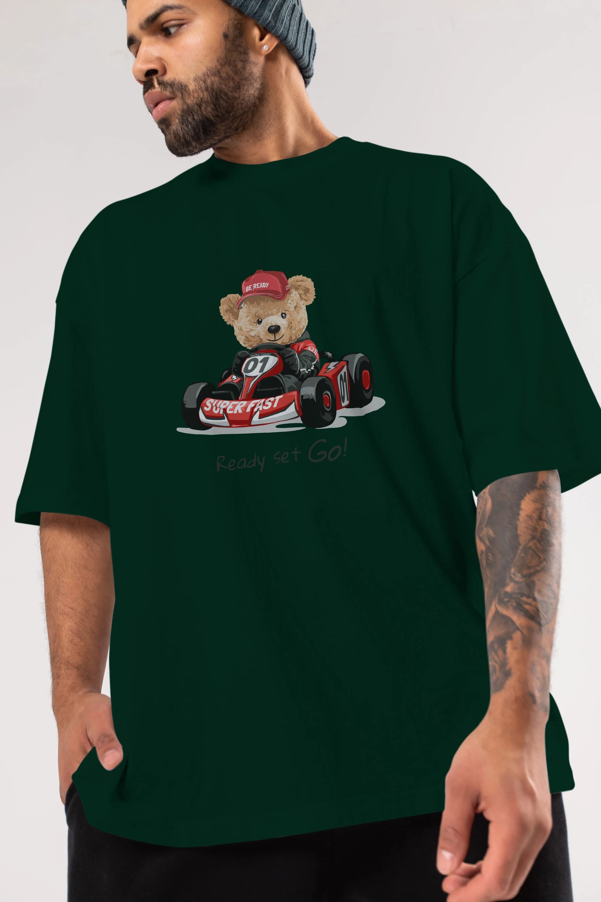 Teddy Bear Ready Set Go Ön Baskılı Oversize t-shirt Erkek Kadın Unisex %100 Pamuk