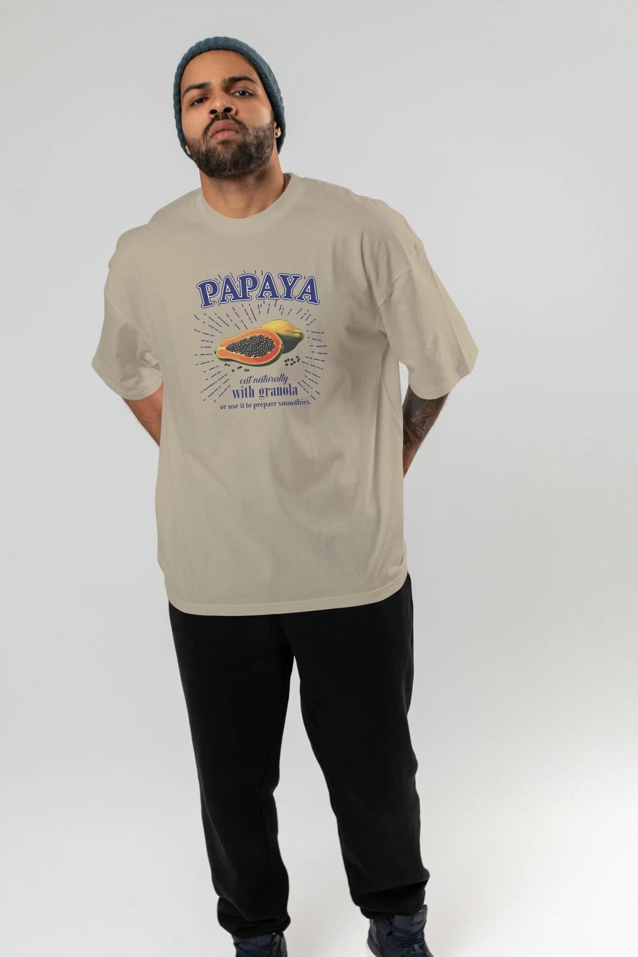 Papaya Ön Baskılı Oversize t-shirt Erkek Kadın Pamuk Bisiklet Yaka tişort