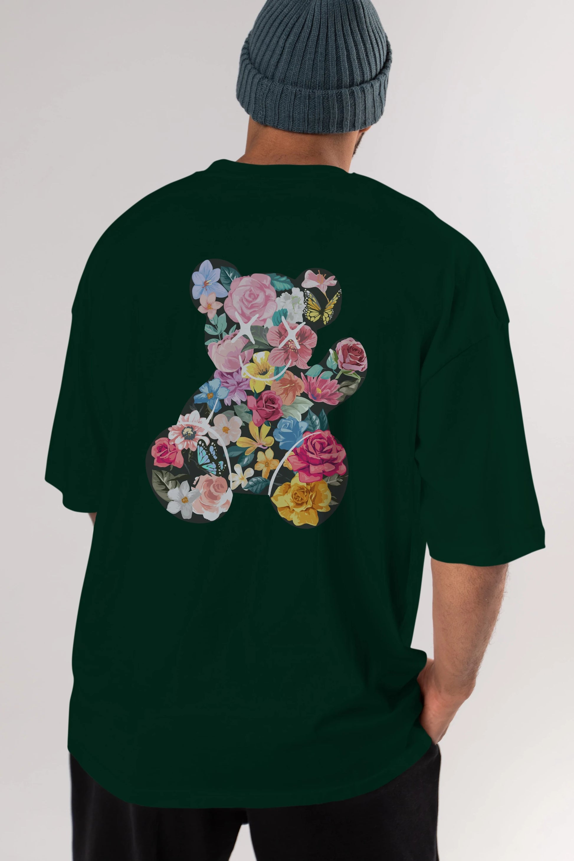 Flowers Bear Arka Baskılı Oversize t-shirt Erkek Kadın Unisex