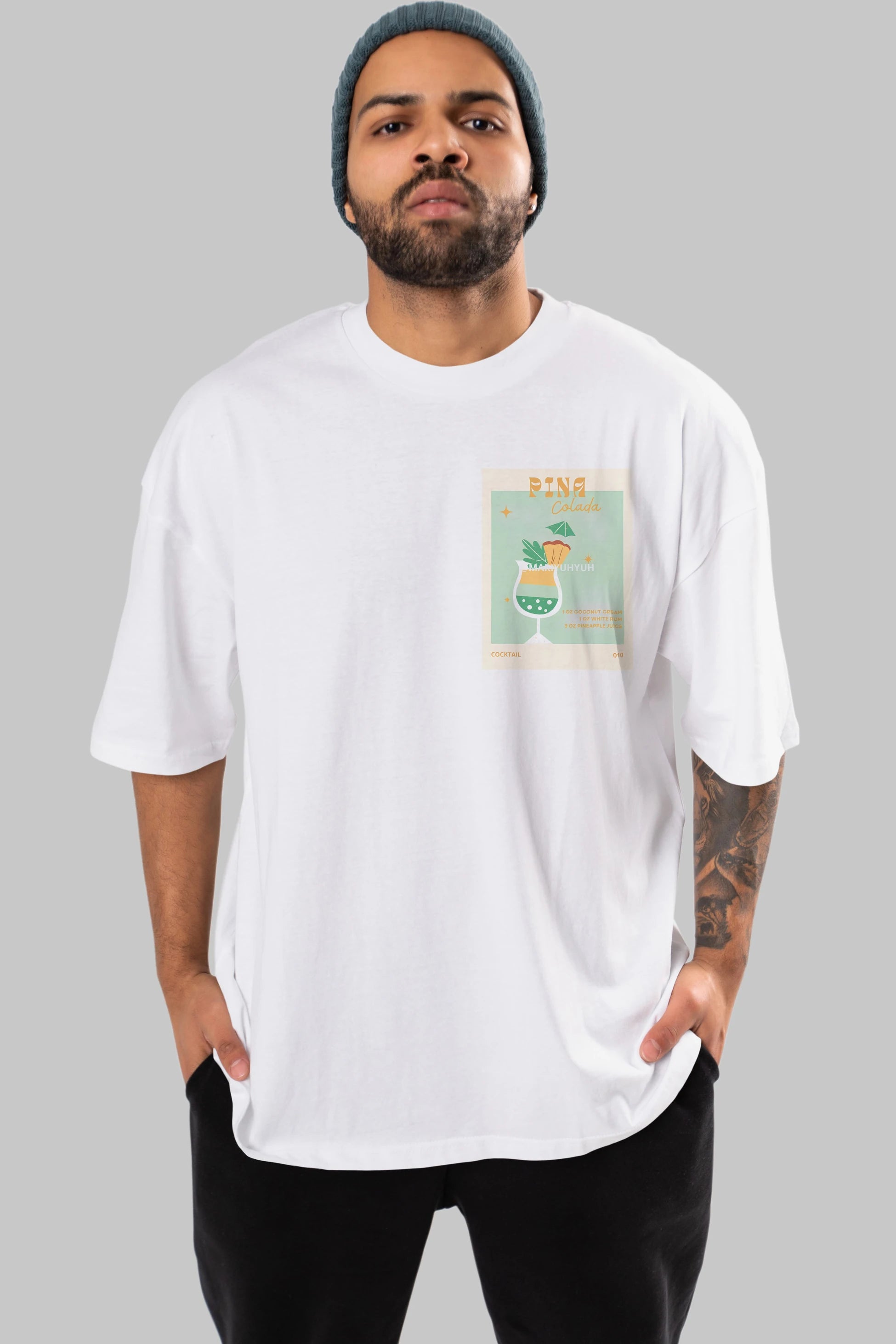 Pina Colada Ön Sol Baskılı Oversize t-shirt Erkek Kadın Unisex %100 Pamuk Bisiklet Yaka tişort