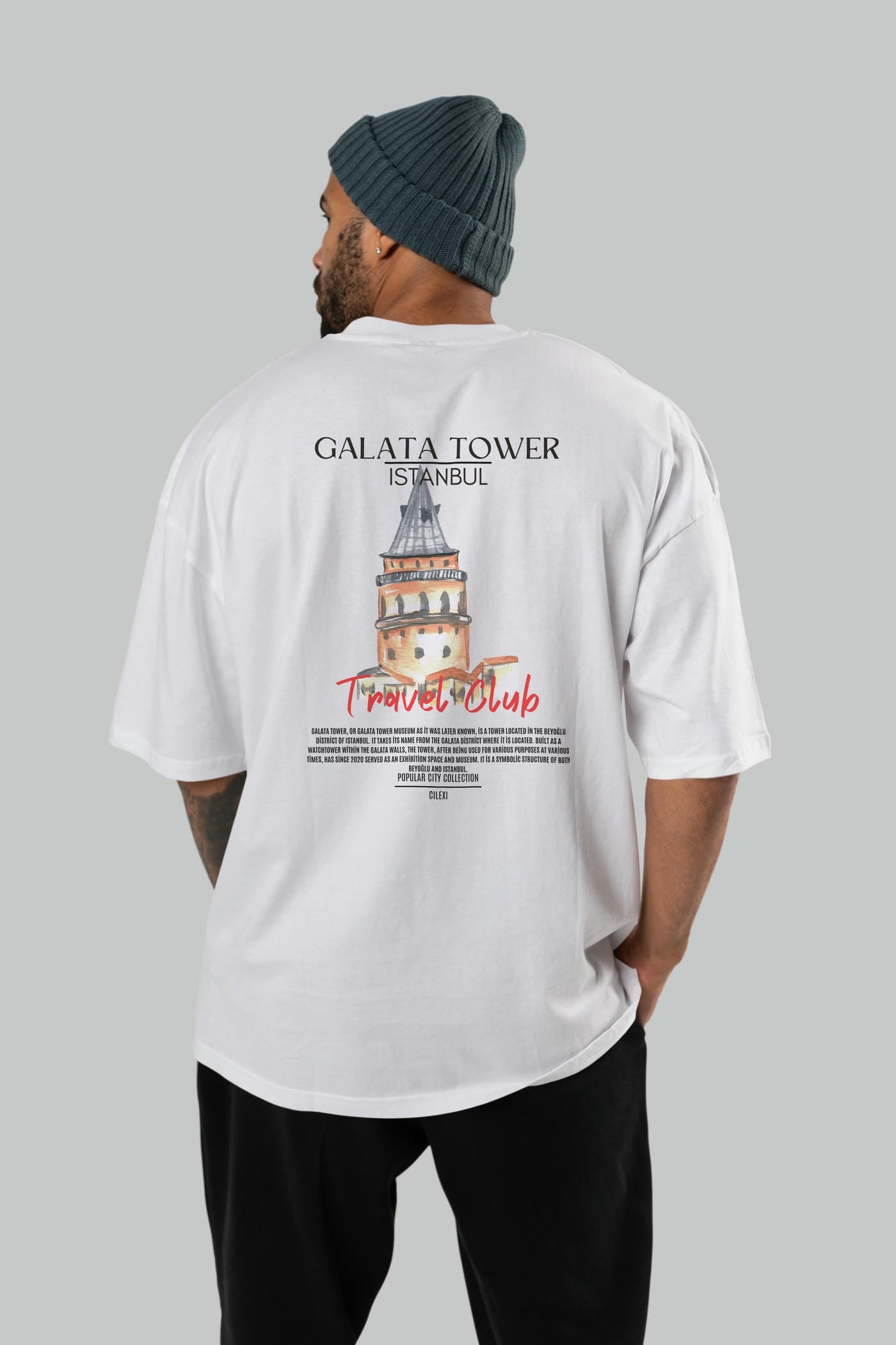 Galata Tower İstanbul Arka Baskılı Oversize t-shirt Erkek Kadın Pamuk Bisiklet Yaka tişort