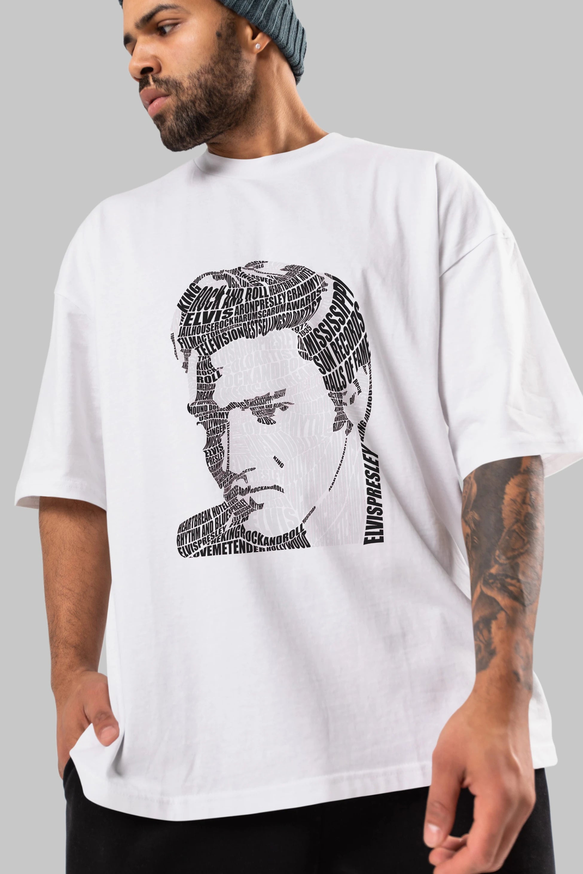 Elvis Presley Calligram Ön Baskılı Oversize t-shirt %100 pamuk Erkek Kadın Unisex