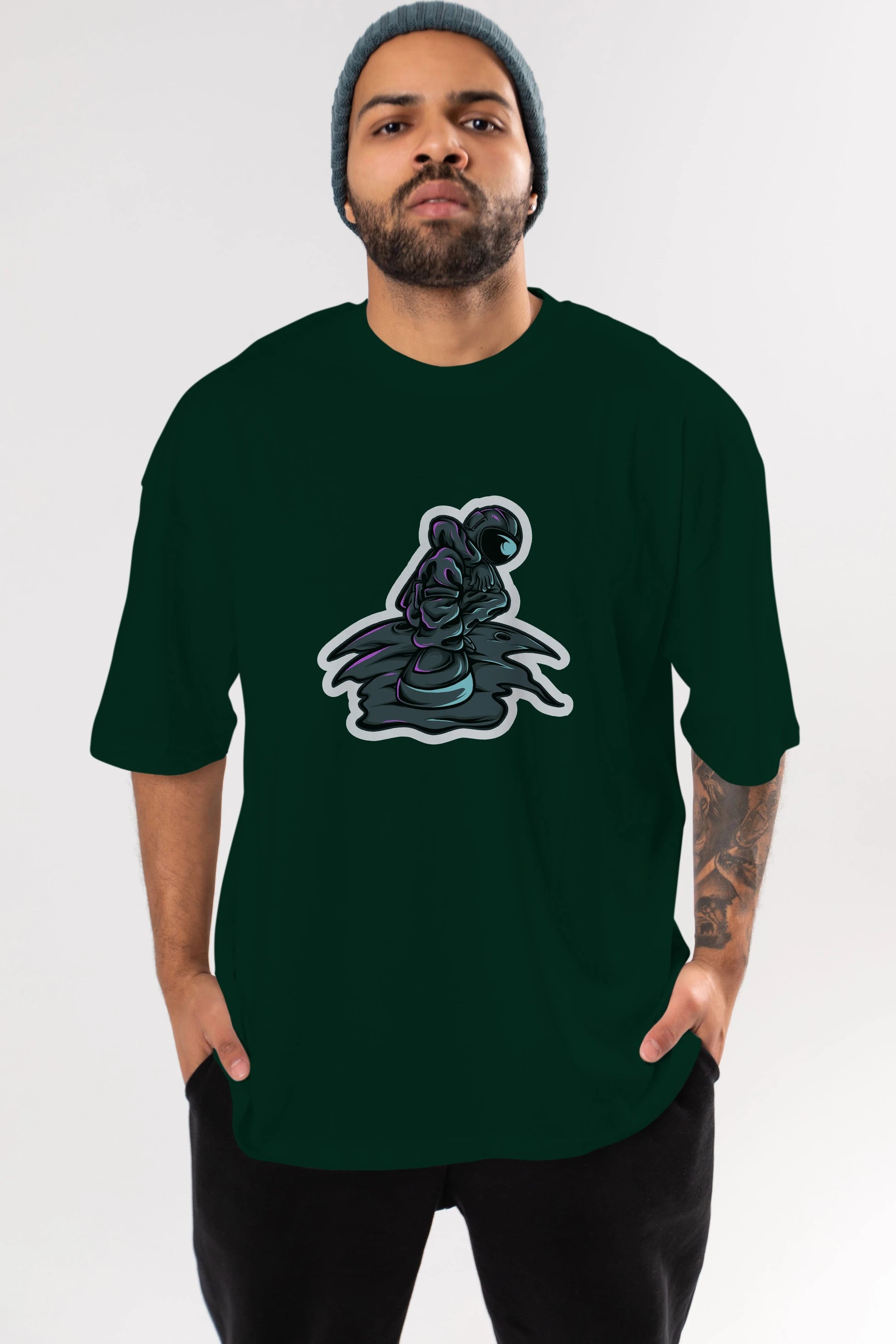 Stylish Astronaut Sticker Ön Baskılı Oversize t-shirt Erkek Kadın Unisex