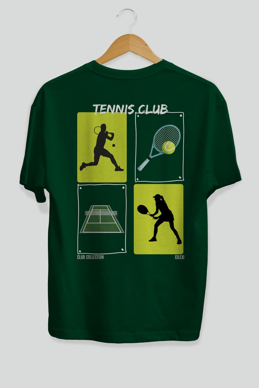 Tennis Club Arka Baskılı Oversize t-shirt Erkek Kadın %100 Pamuk Bisiklet Yaka tişort