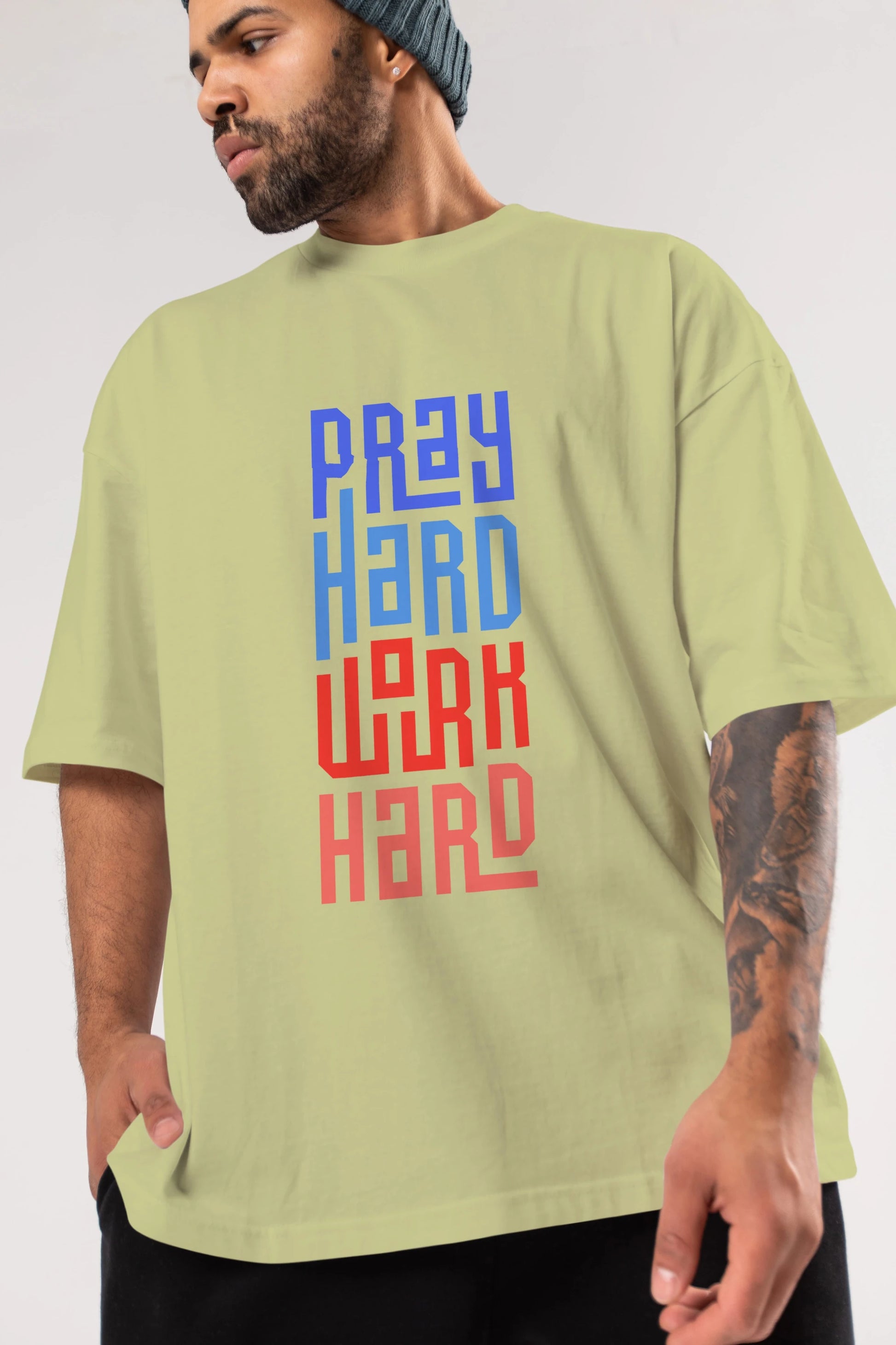 Pray Hard Work Hard Yazılı Ön Baskılı Oversize t-shirt Erkek Kadın Unisex