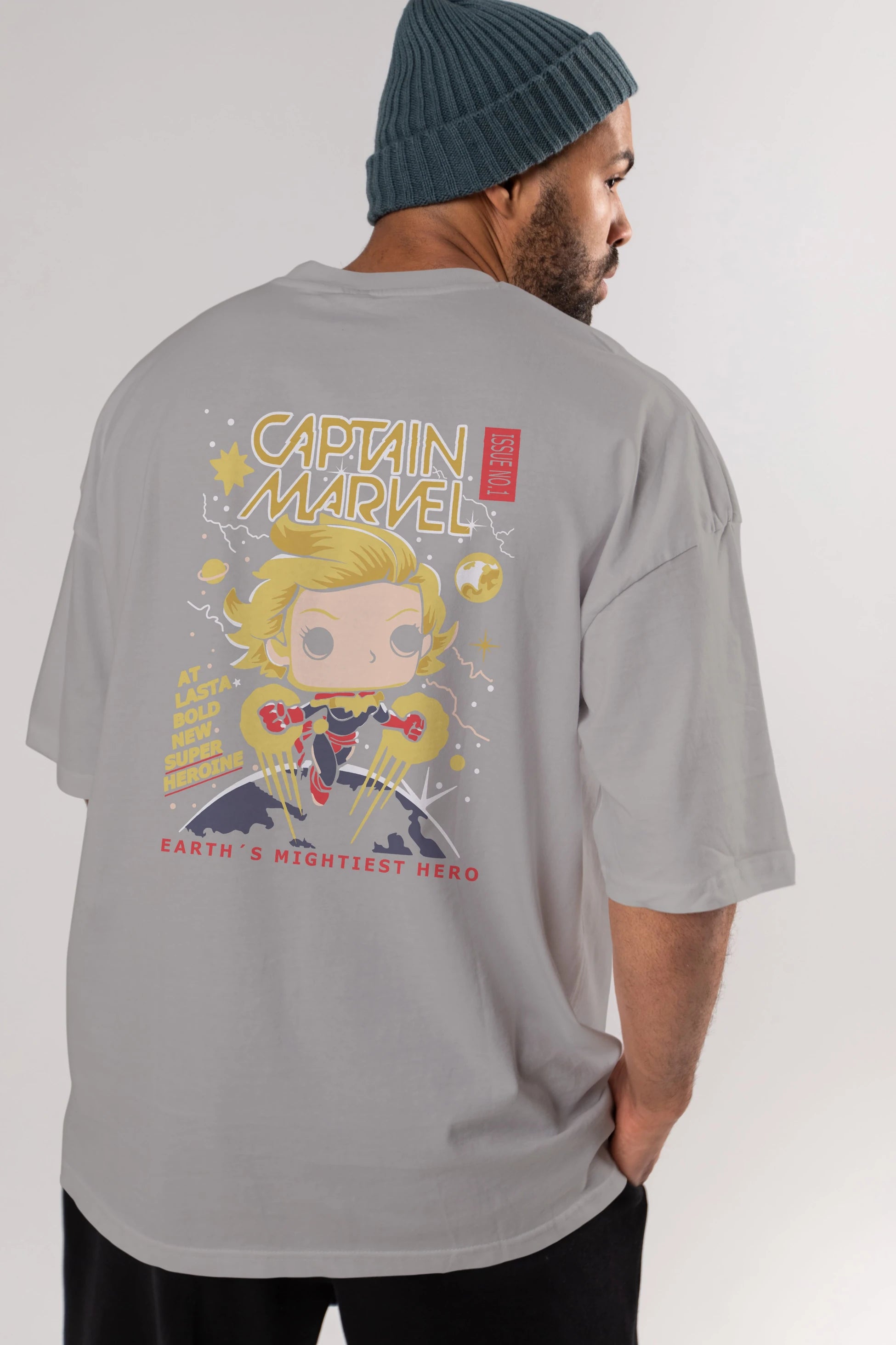 Captain Marvel Arka Baskılı Oversize t-shirt Erkek Kadın Unisex %100 Pamuk Bisiklet Yaka tişort