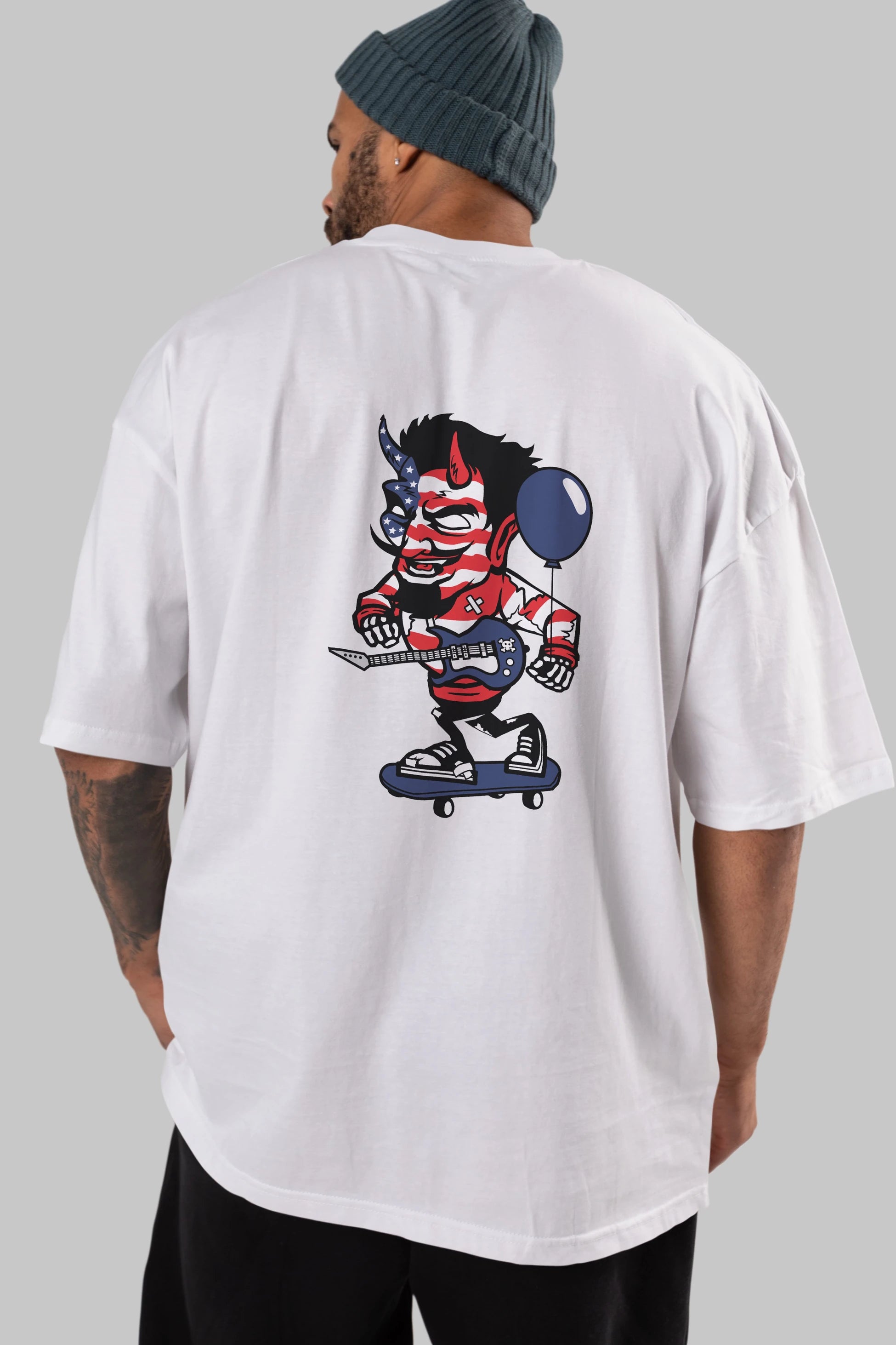 American Devil Skater Arka Baskılı Oversize t-shirt Erkek Kadın Unisex %100 Pamuk tişort