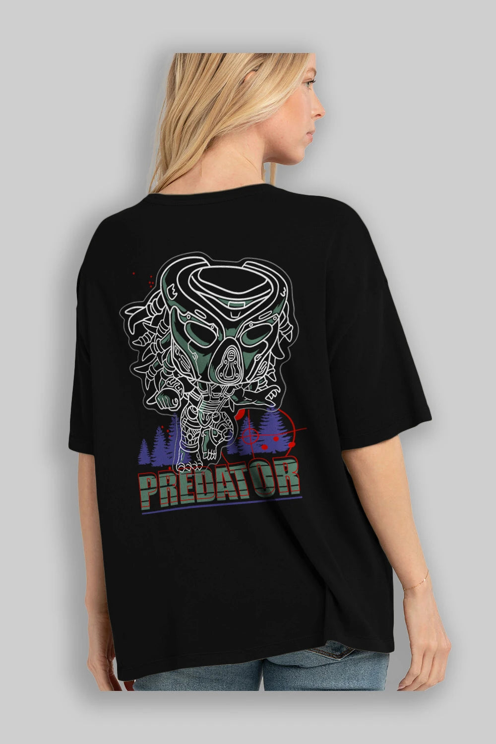 Predator Arka Baskılı Oversize t-shirt Erkek Kadın Unisex %100 Pamuk Bisiklet Yaka tişort