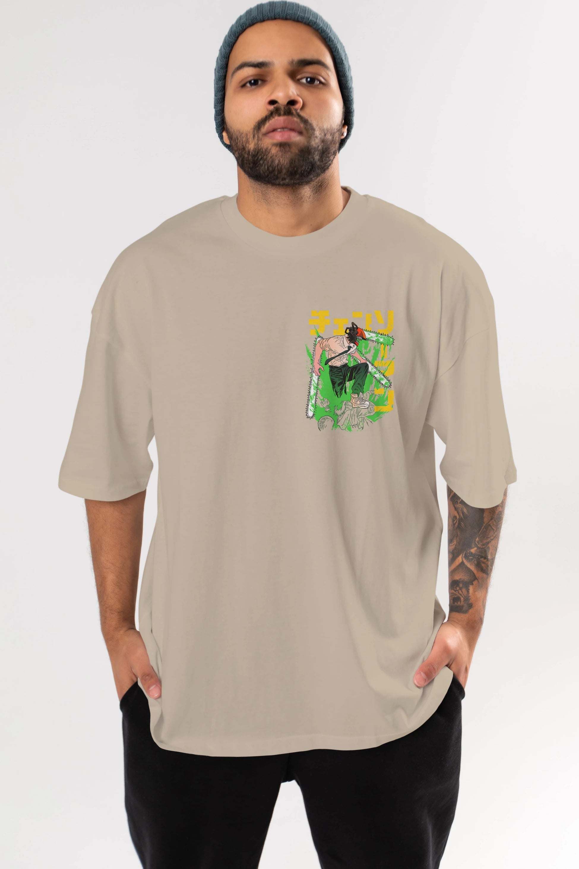 CHAINSAWMAN DENJI Ön Sol Baskılı Oversize t-shirt Erkek Kadın Unisex %100 Pamuk Bisiklet Yaka tişort