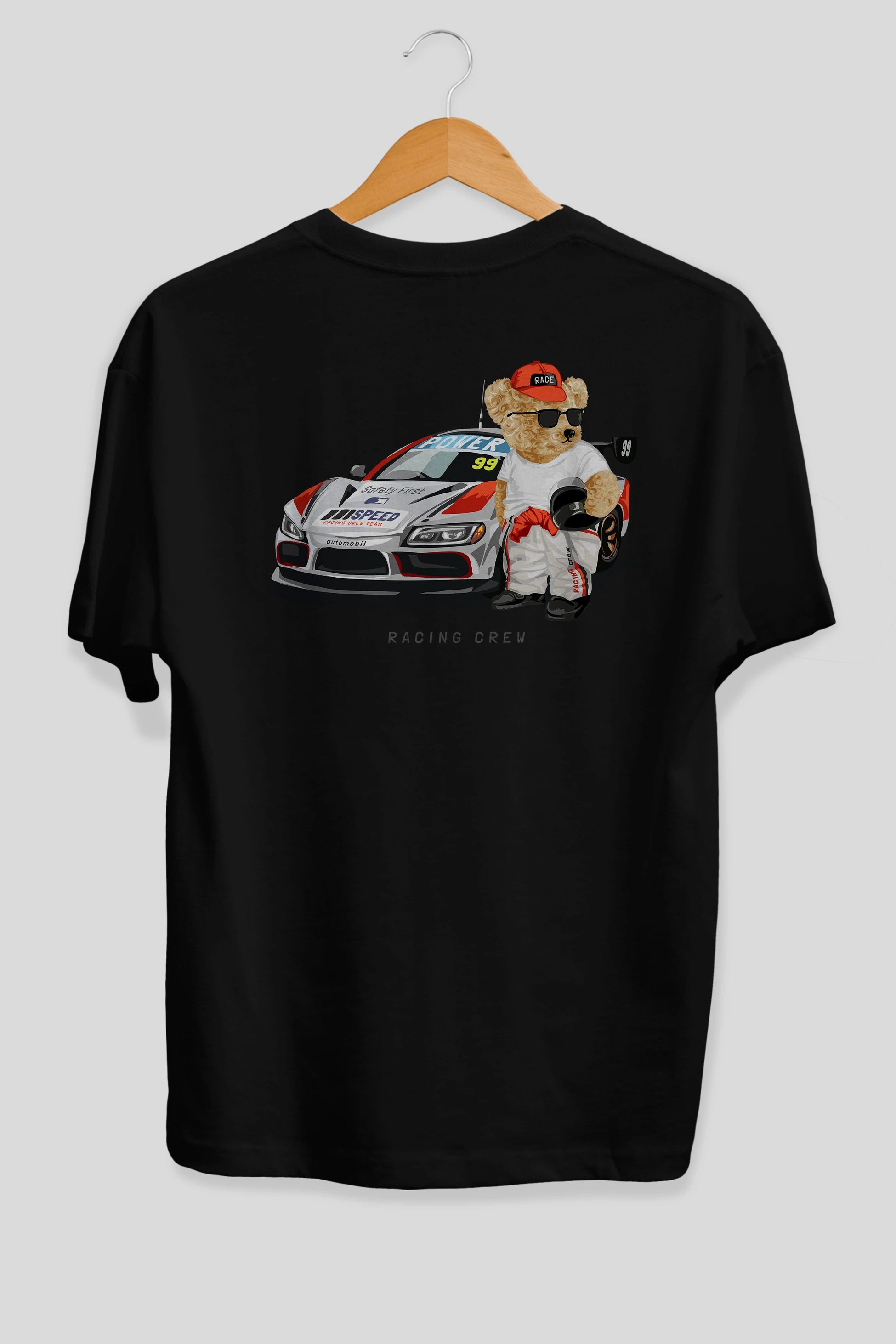 Teddy Bear Racing Crew Arka Baskılı Oversize t-shirt Erkek Kadın Unisex %100 Pamuk