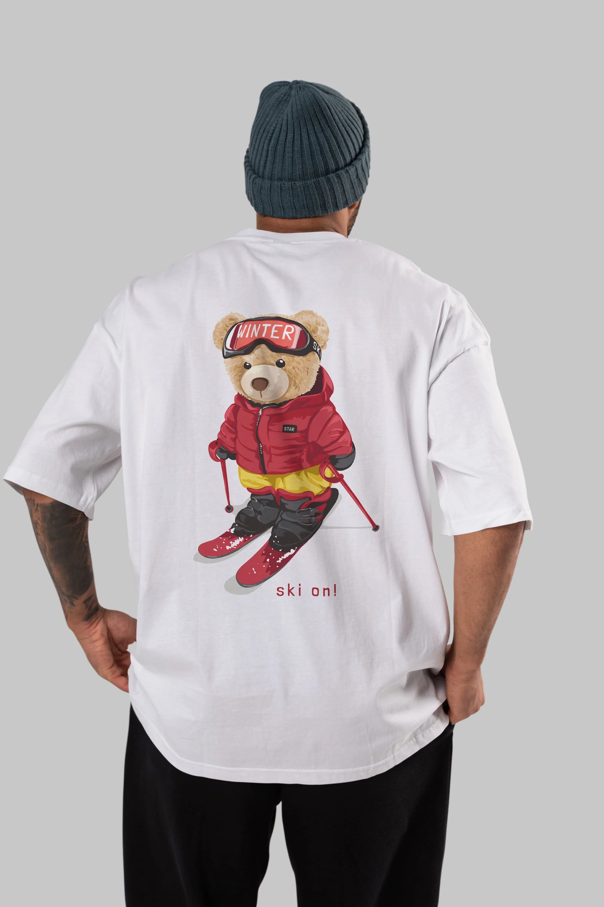 Teddy Bear Ski On Arka Baskılı Oversize t-shirt Erkek Kadın Unisex %100 Pamuk