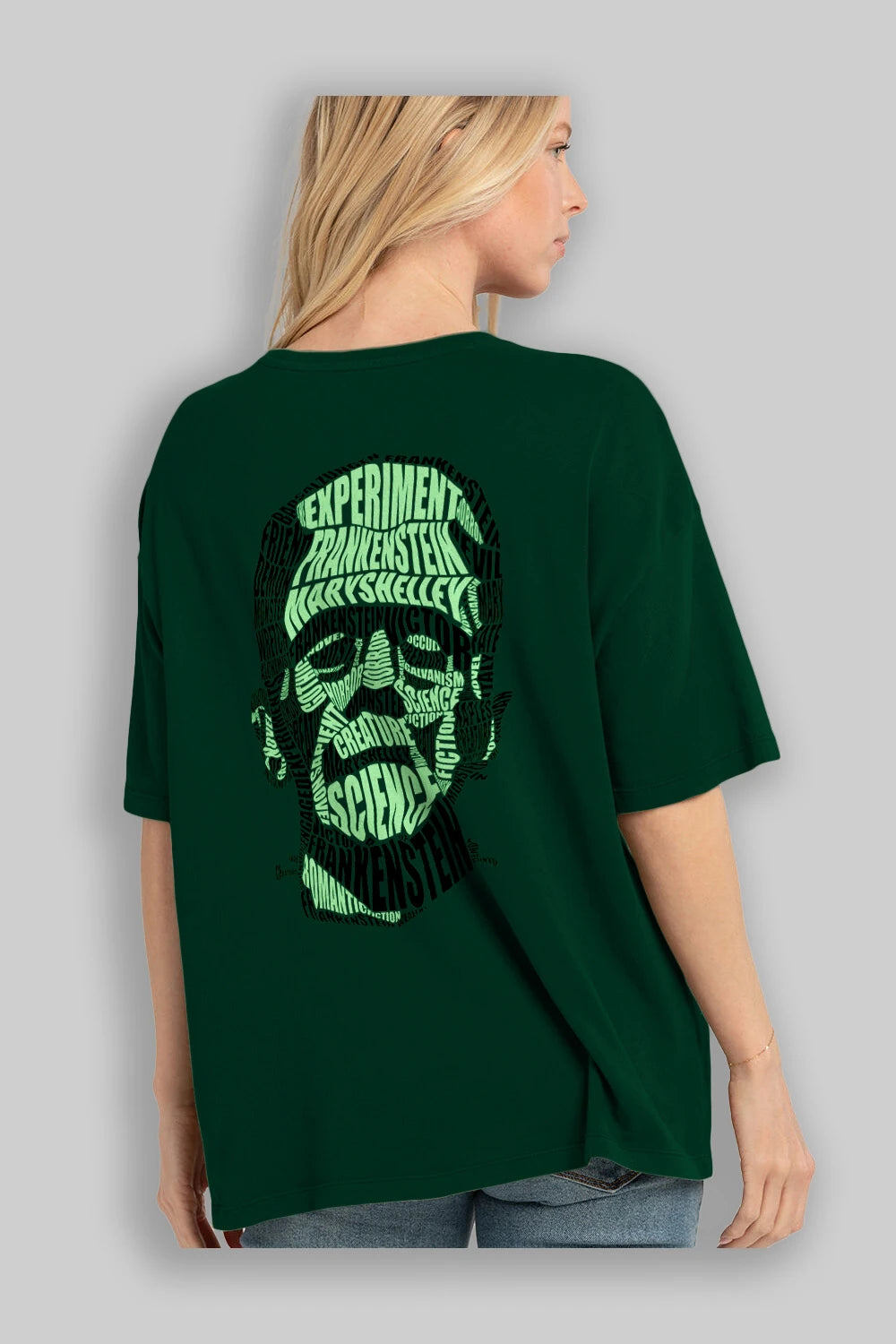 Frankenstein Calligram Arka Baskılı Oversize t-shirt %100 pamuk Erkek Kadın Unisex