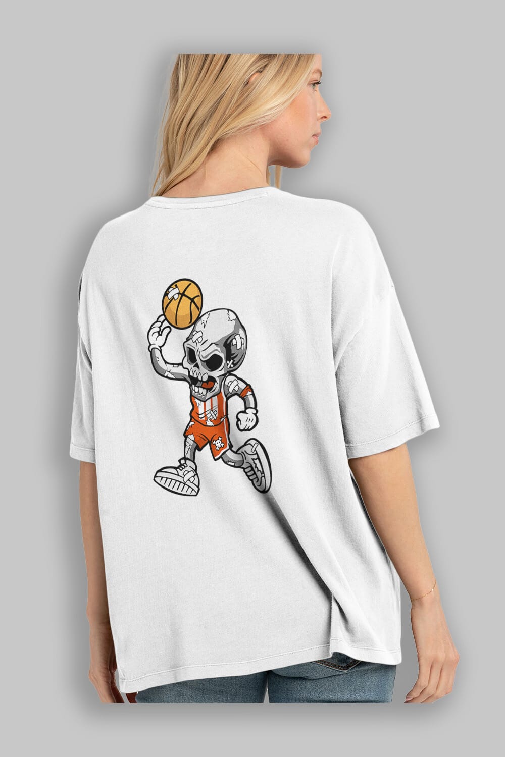 Skull Basketball Arka Baskılı Oversize t-shirt Erkek Kadın Unisex %100 Pamuk tişort