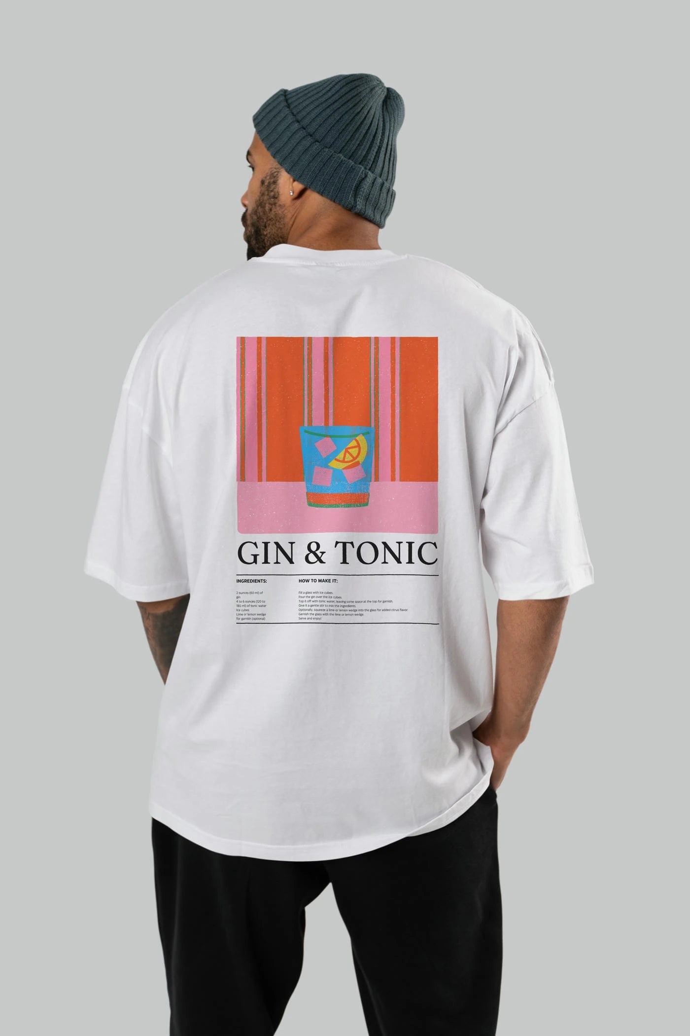 Gin Tonic Kokteyl Serisi Arka Baskılı Oversize t-shirt Erkek Kadın %100 Pamuk Bisiklet Yaka tişort
