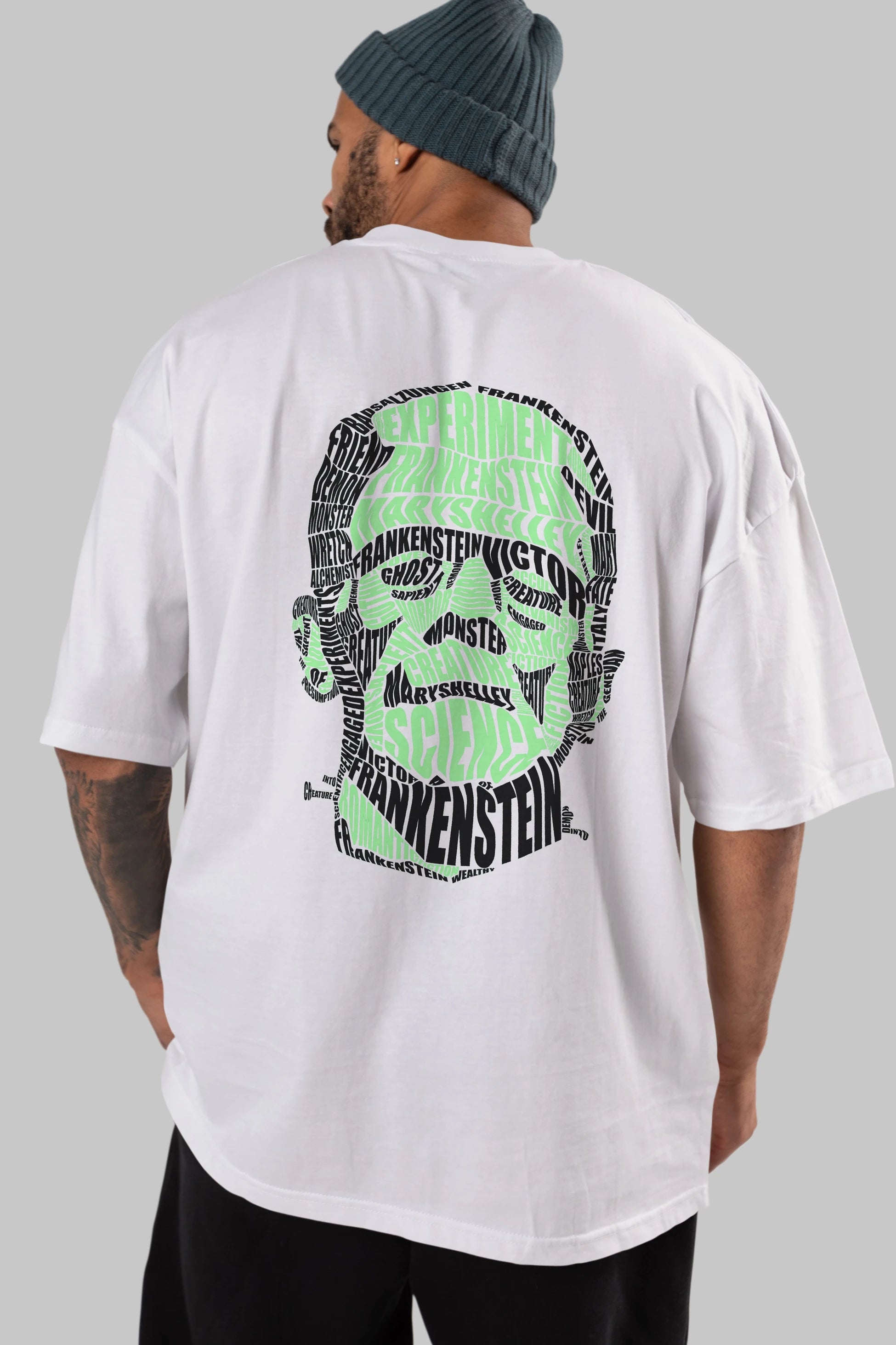 Frankenstein Calligram Arka Baskılı Oversize t-shirt %100 pamuk Erkek Kadın Unisex