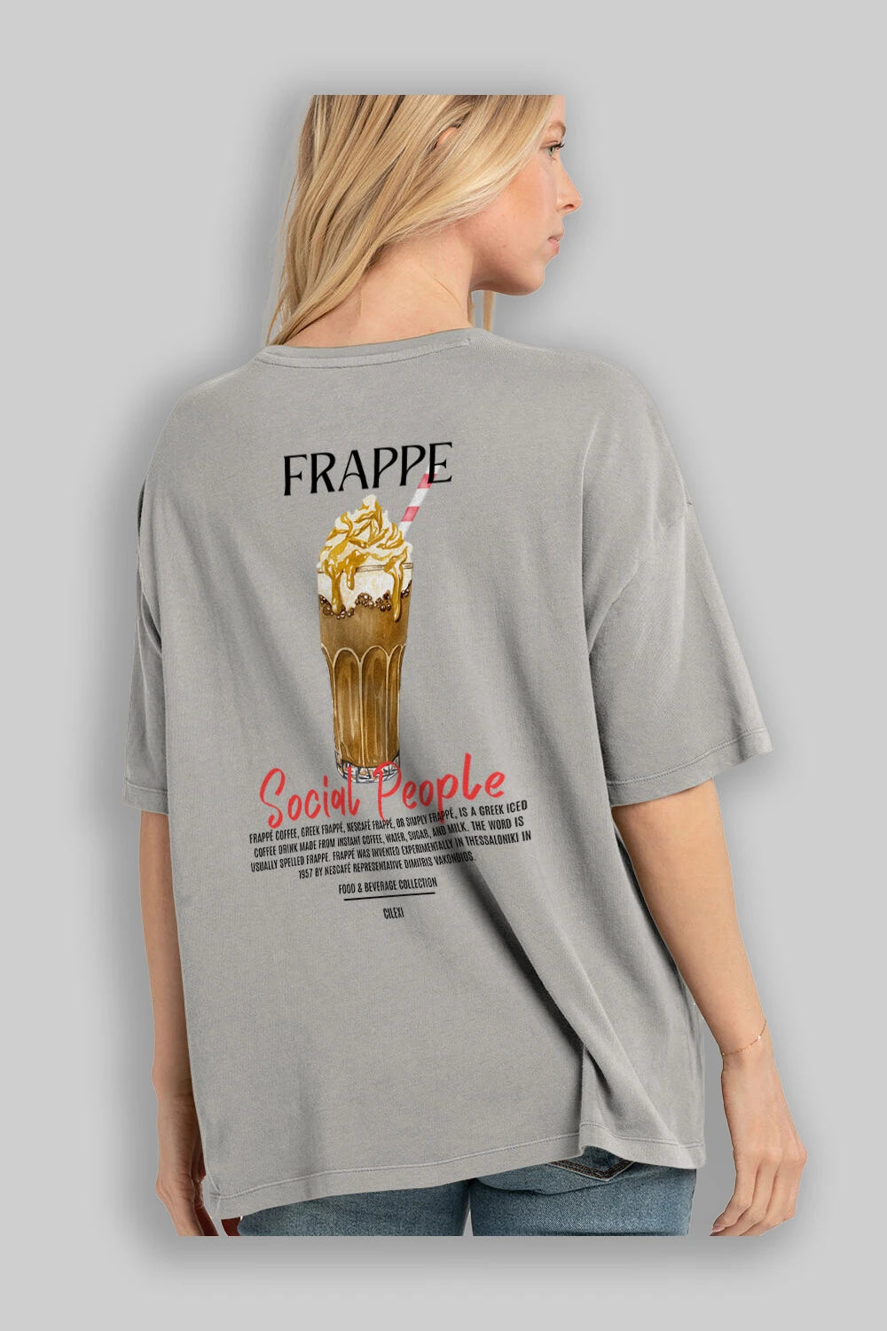 Frappe Kokteyl Serisi Baskılı Oversize t-shirt Erkek Kadın Unisex %100 Pamuk Bisiklet Yaka tişort