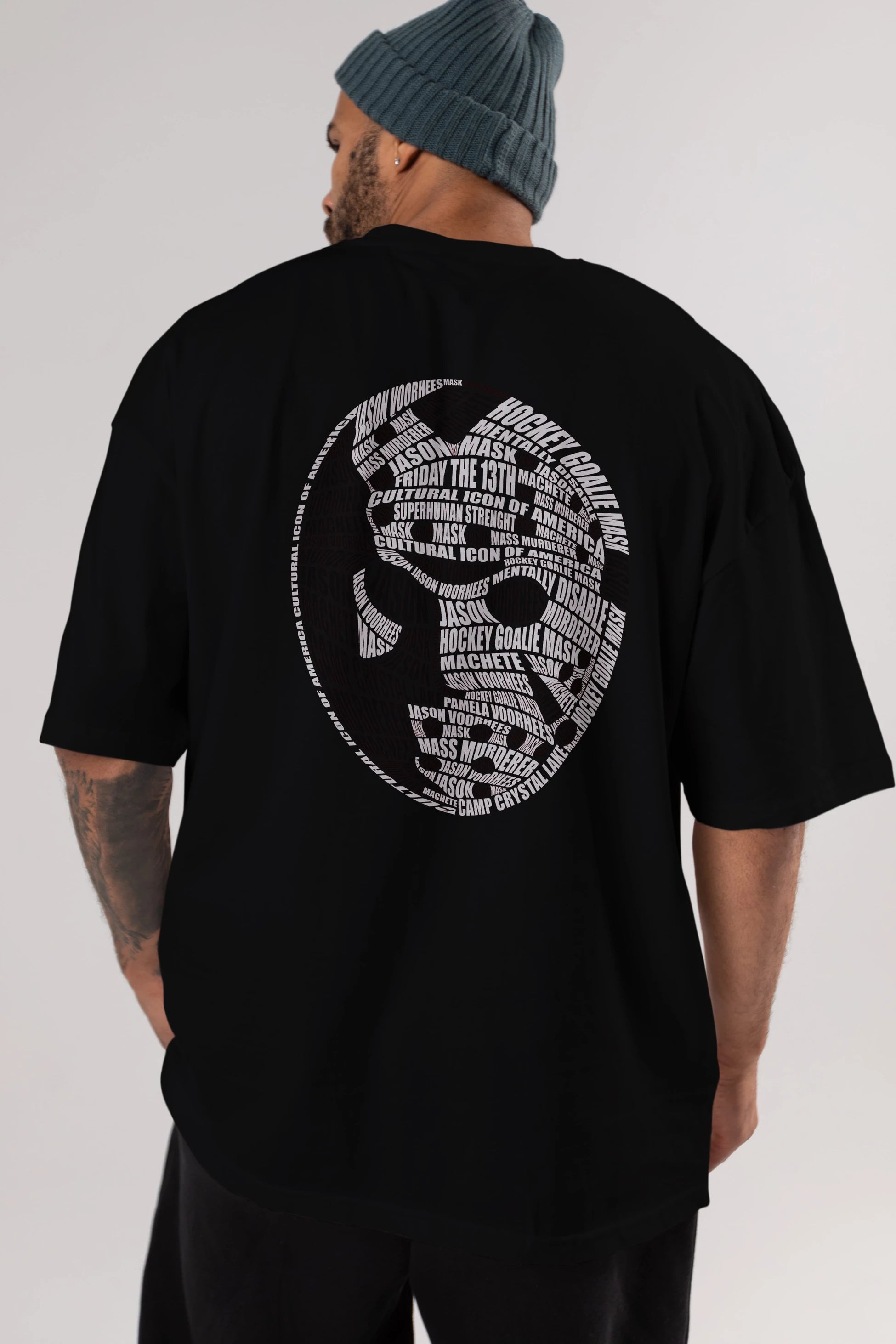 Jason Voorhees Calligram Arka Baskılı Oversize t-shirt %100 pamuk Erkek Kadın Unisex