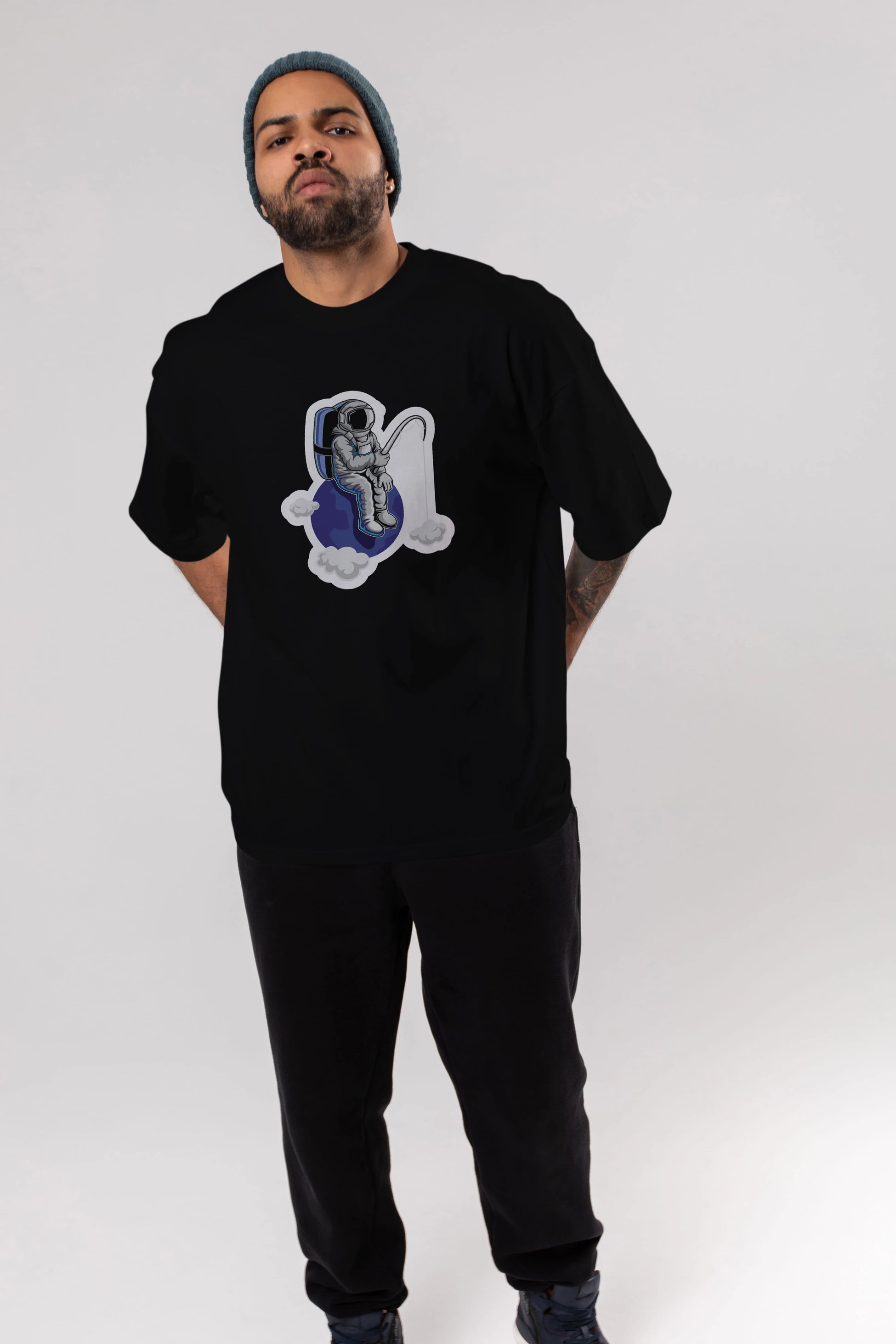 Astronaut Fishing Sticker Ön Baskılı Oversize t-shirt Erkek Kadın Unisex