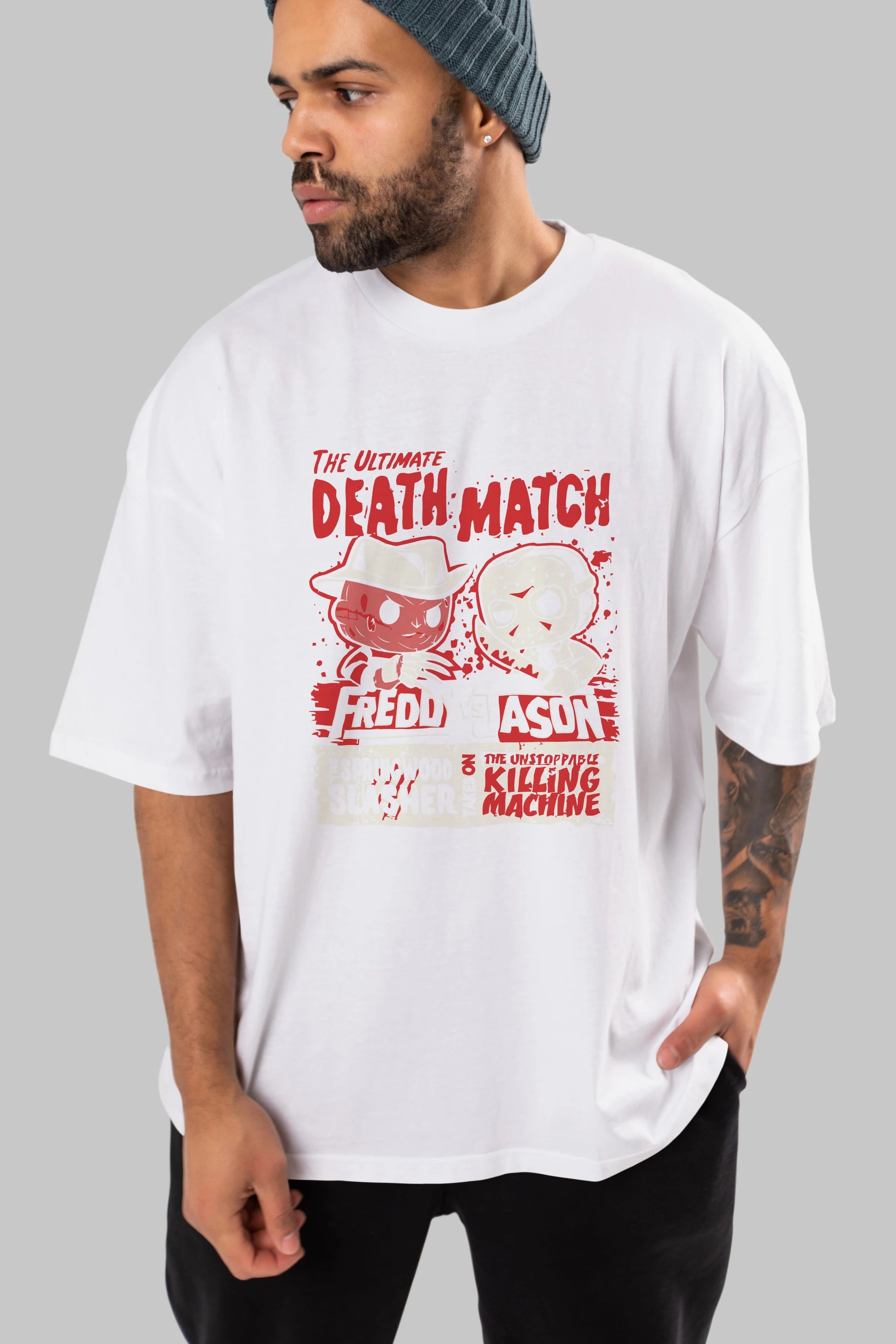 Freddy vs Jason Ön Baskılı Oversize t-shirt Erkek Kadın Unisex %100 Pamuk Bisiklet Yaka tişort