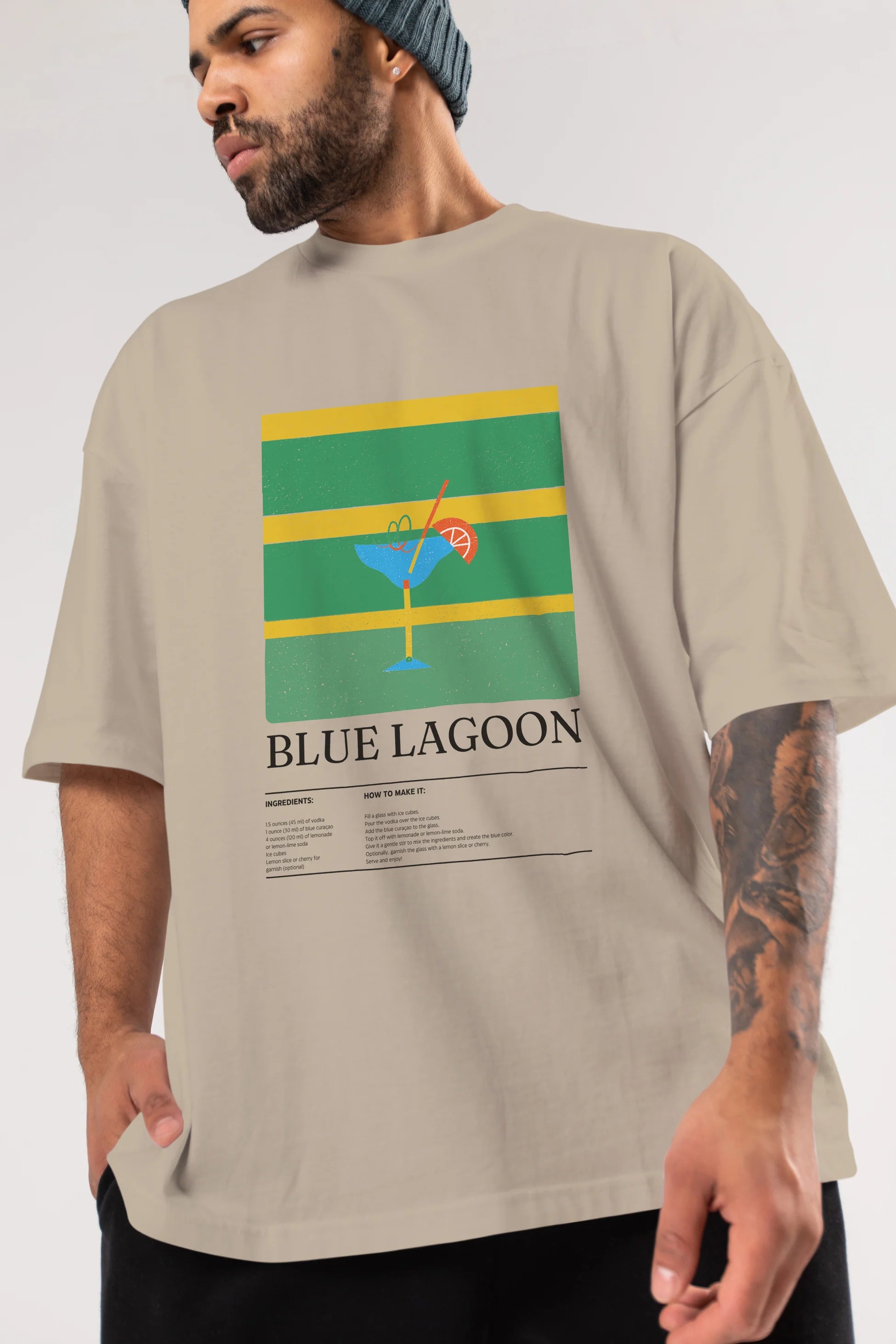 Blue Lagoon Kokteyl Ön Baskılı Oversize t-shirt Erkek Kadın %100 Pamuk Bisiklet Yaka tişort