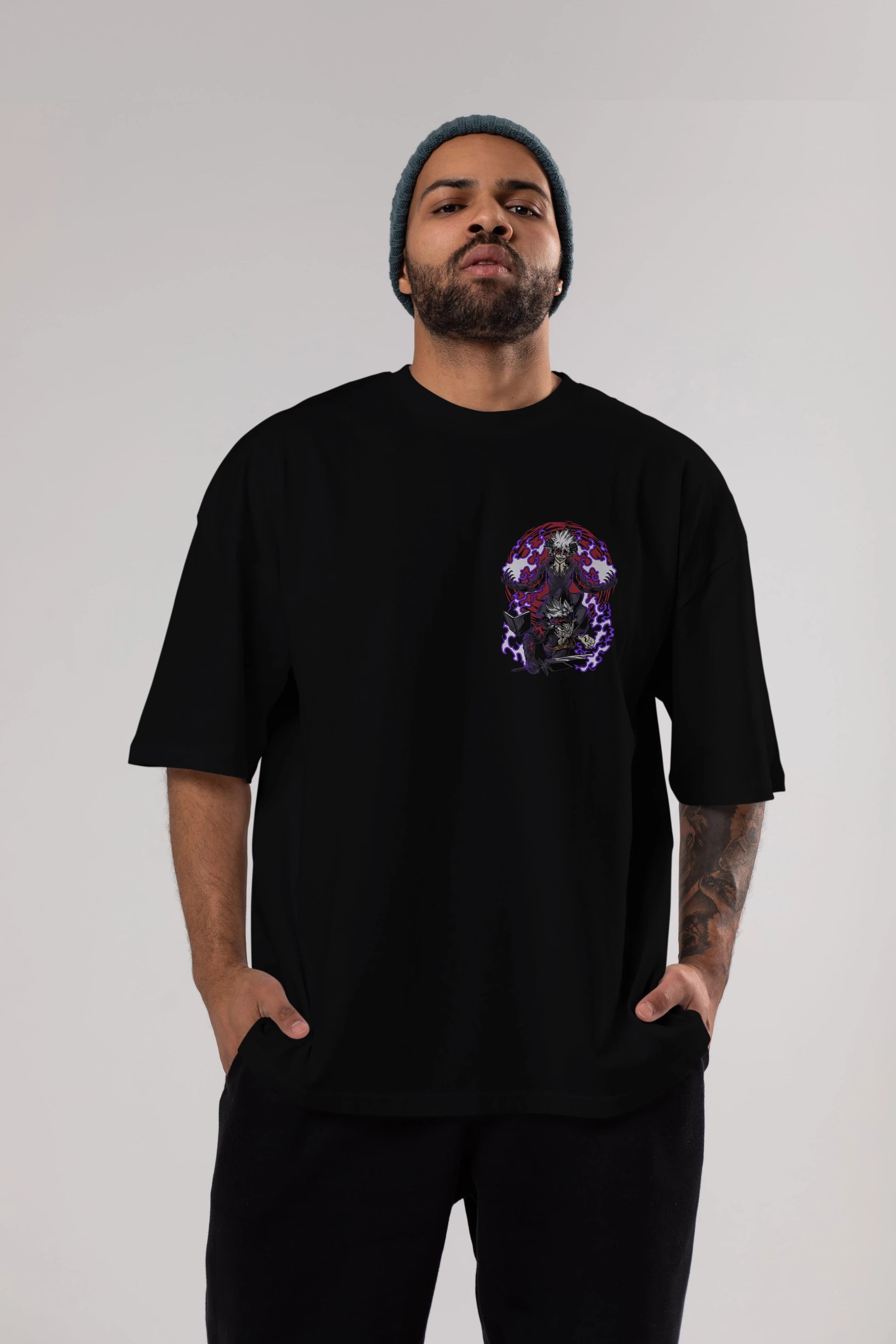 BLACK CLOVER DEVIL UNION Ön Sol Baskılı Oversize t-shirt Erkek Kadın Unisex %100 Pamuk Bisiklet Yaka tişort