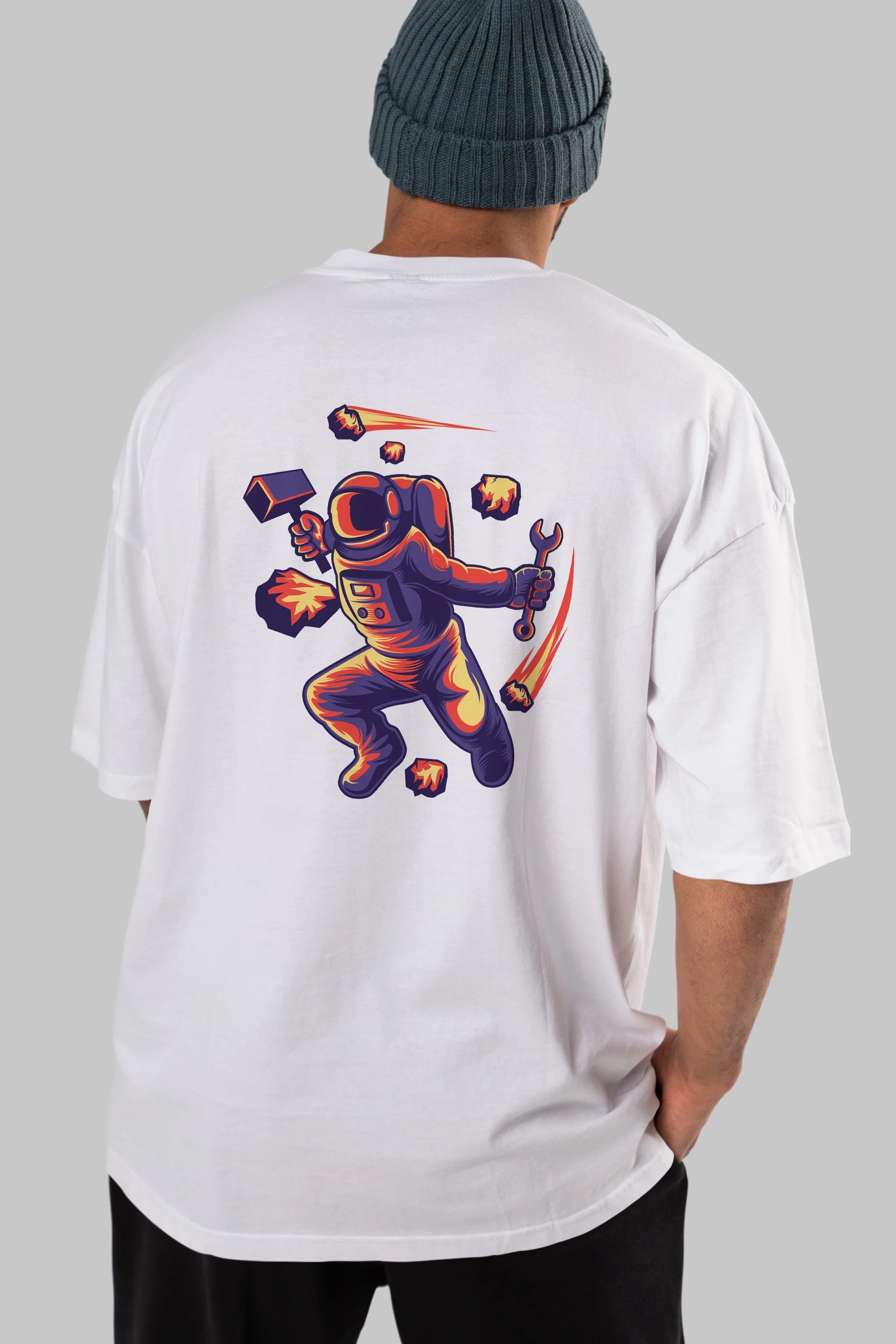 Astronaut Block Meteor Arka Baskılı Oversize t-shirt Erkek Kadın Unisex