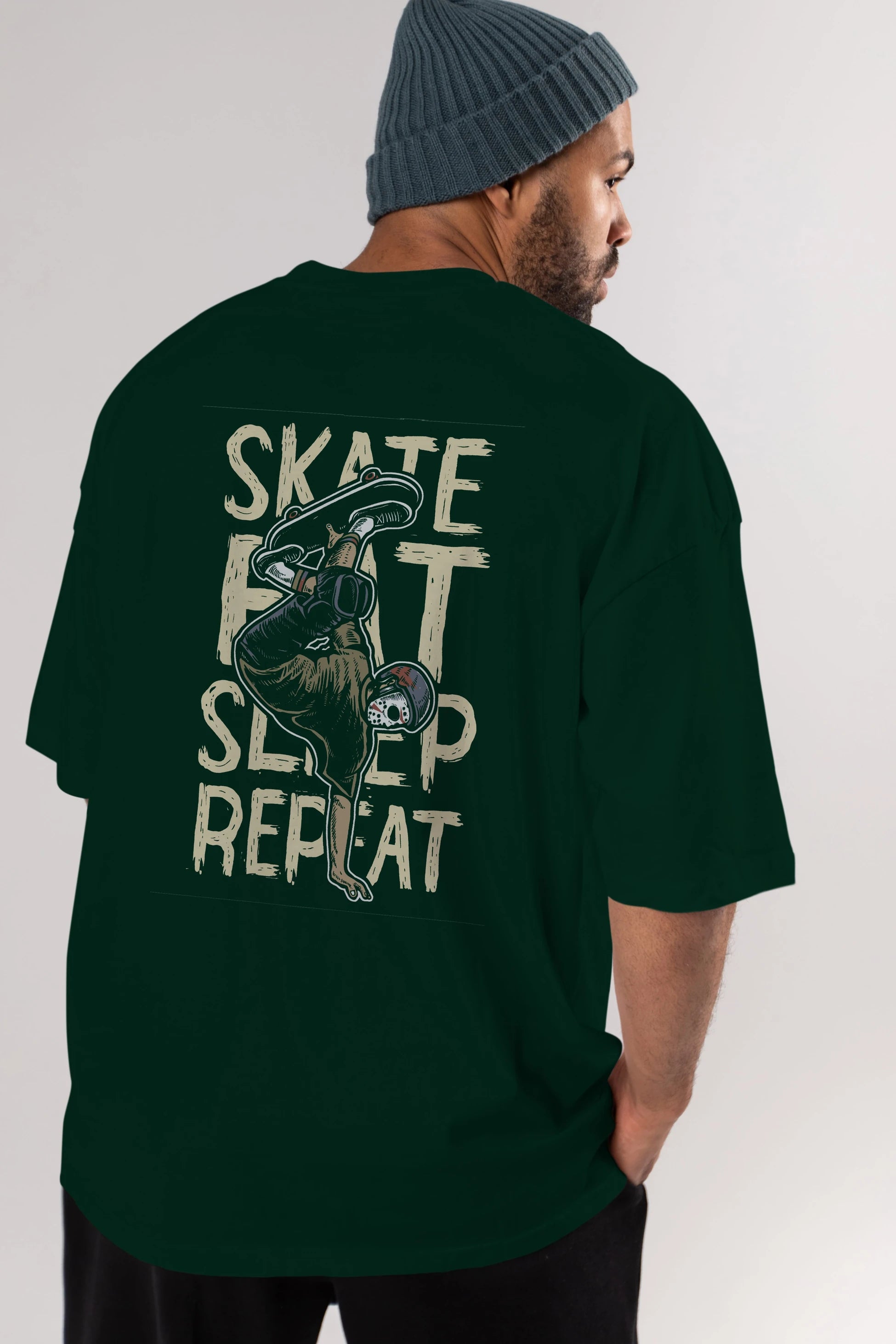 Skate Eat Sleep Repeat Arka Baskılı Oversize t-shirt Erkek Kadın Unisex %100 Pamuk