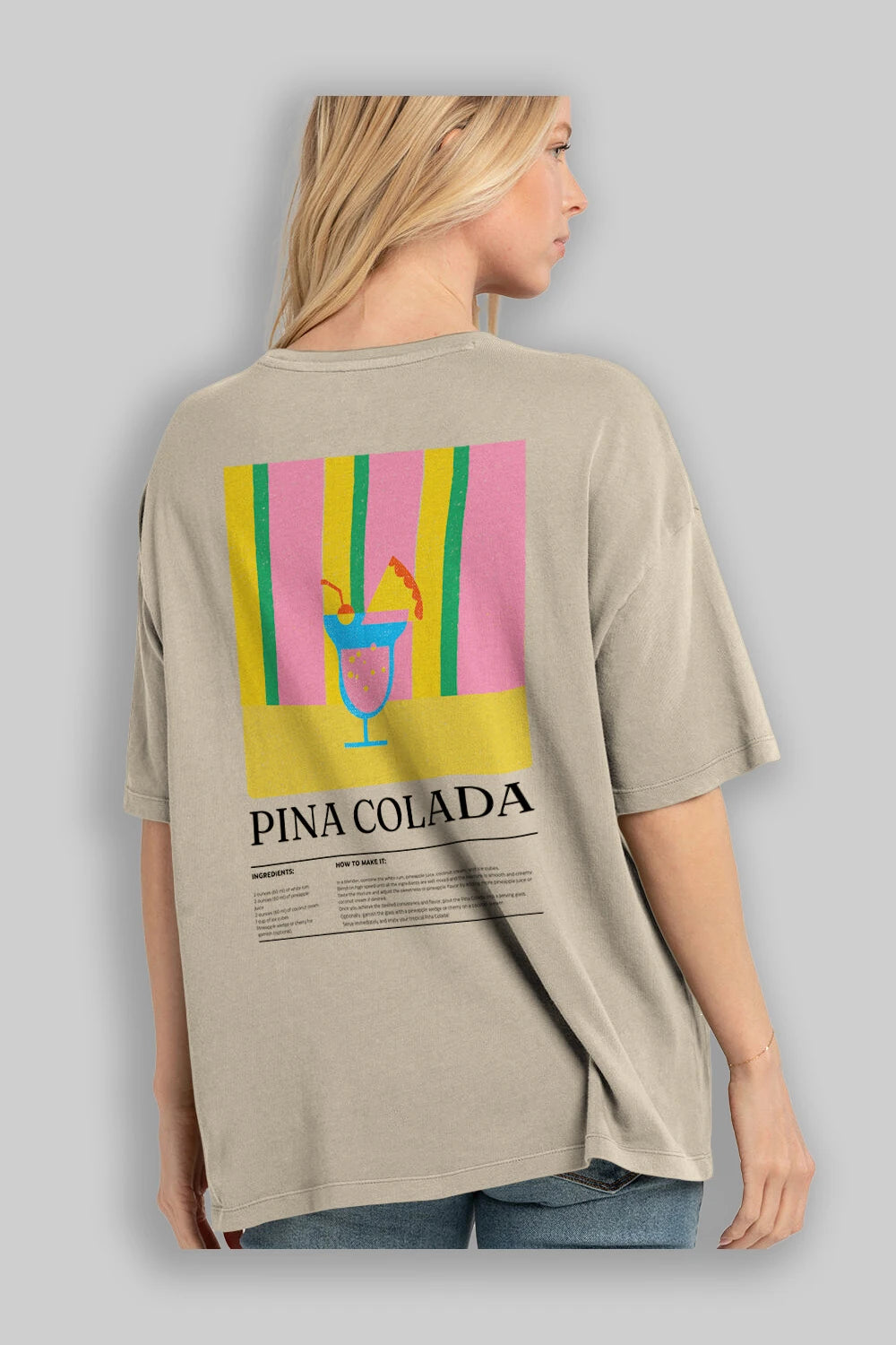 Pina Colada Kokteyl Serisi Arka Baskılı Oversize t-shirt Erkek Kadın %100 Pamuk Bisiklet Yaka tişort