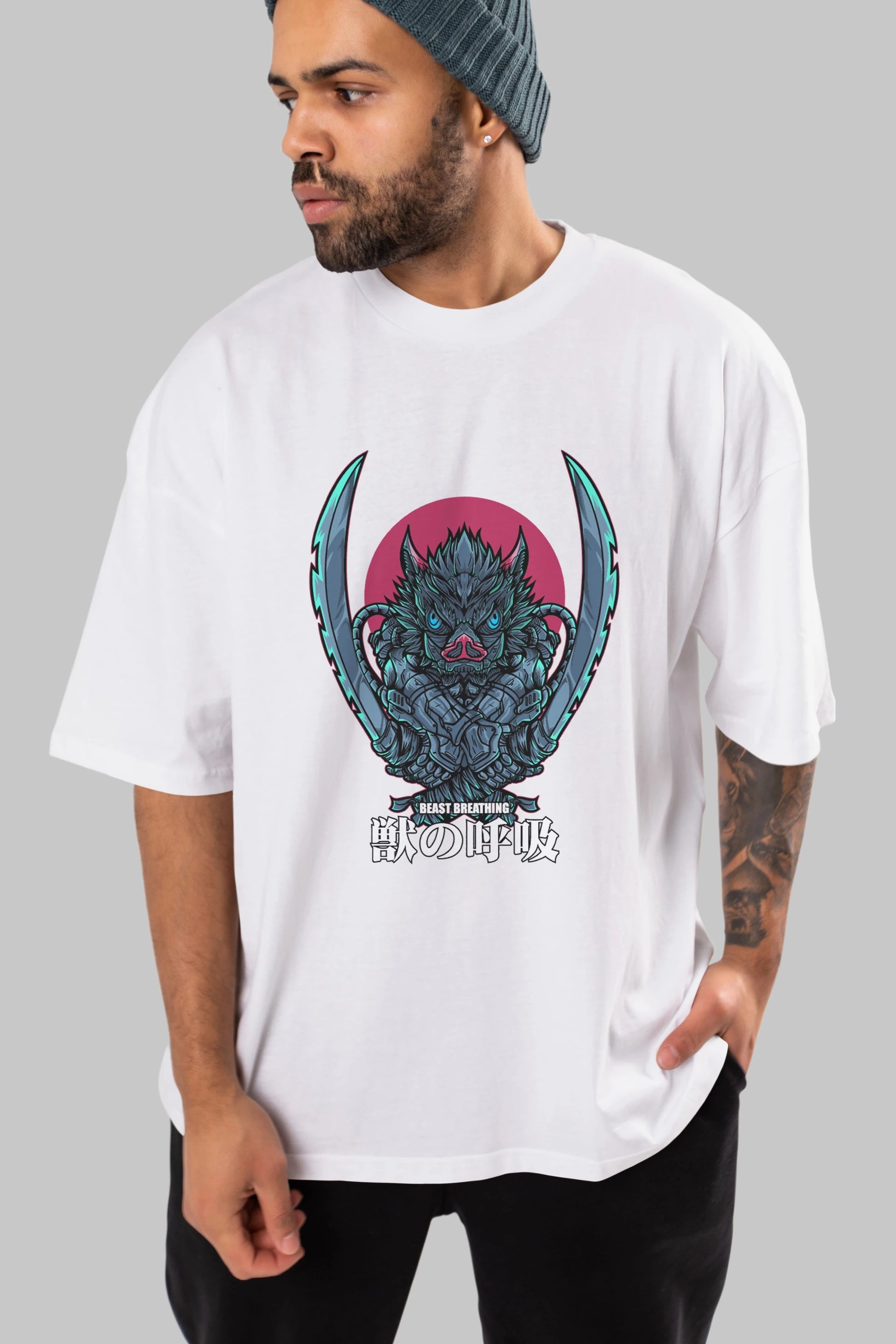 Inosuke DEMON SLAYER Anime Ön Baskılı Oversize t-shirt %100 pamuk Erkek Kadın Unisex