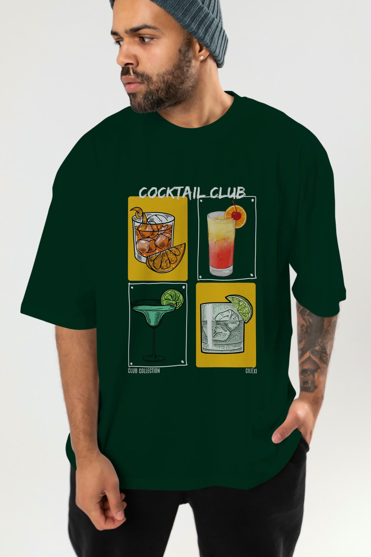 Cocktail Club ön Baskılı Oversize t-shirt Erkek Kadın %100 Pamuk Bisiklet Yaka tişort