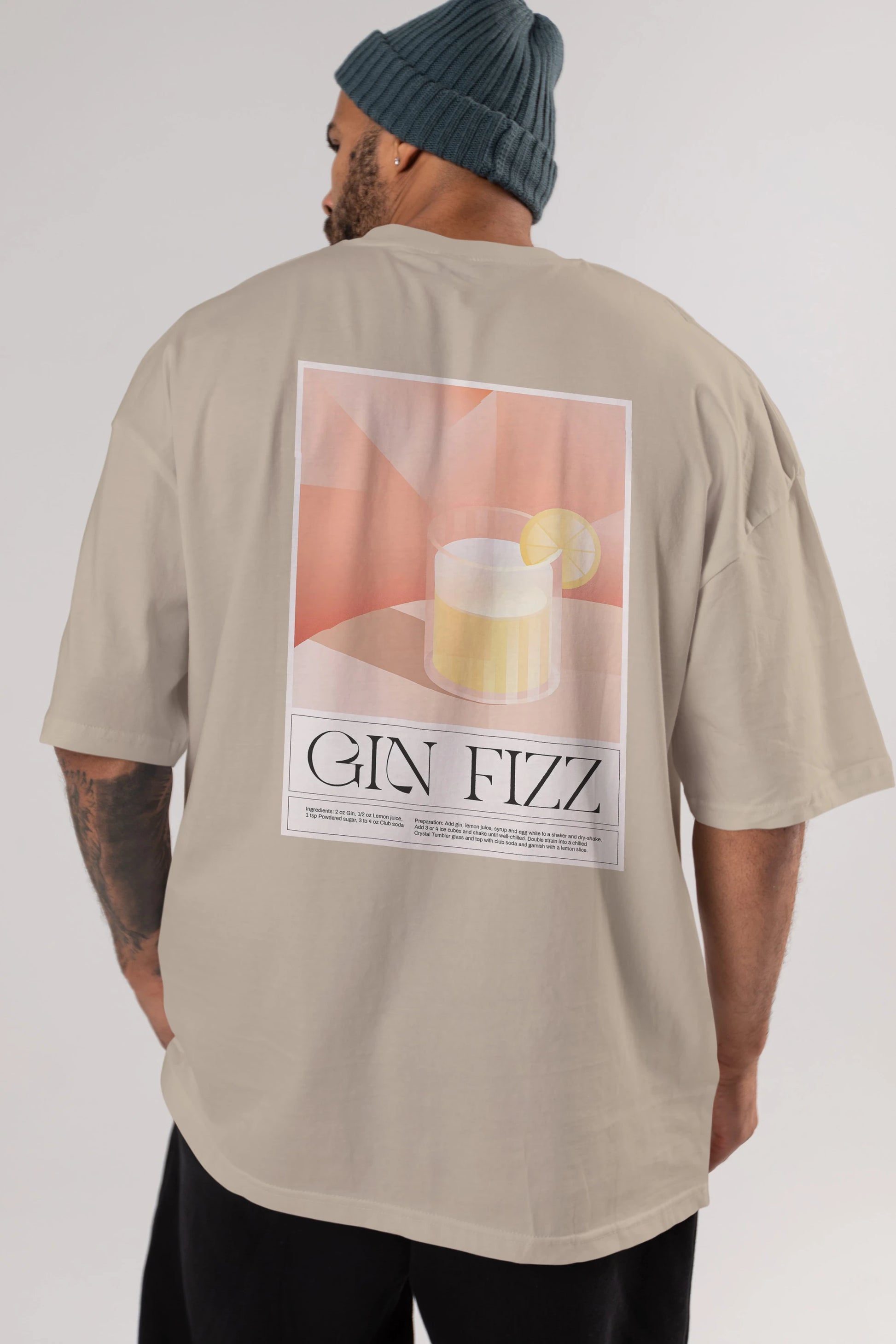 Gin Fizz Arka Baskılı Oversize t-shirt Erkek Kadın Unisex %100 Pamuk Bisiklet Yaka tişort
