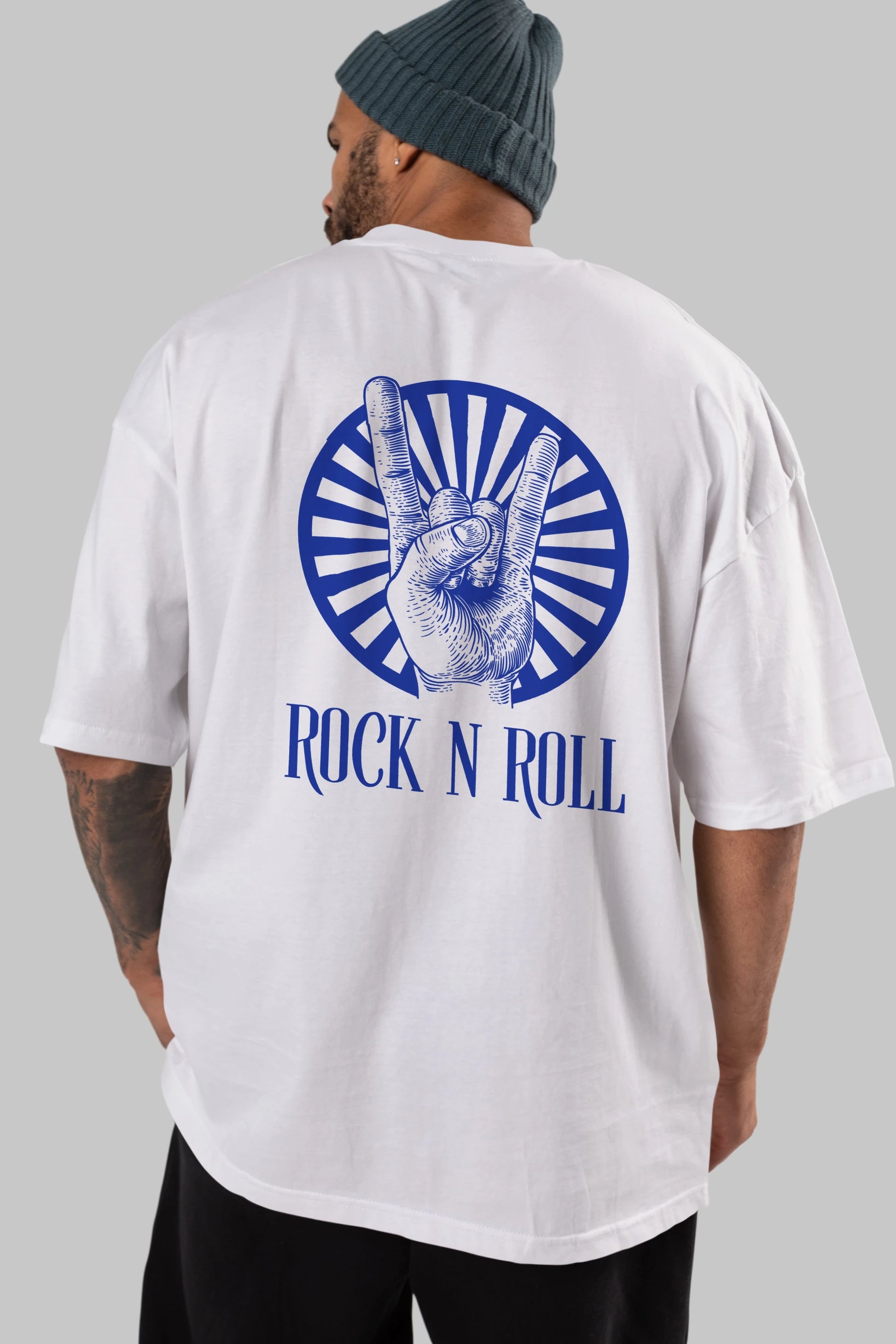 Rock N Roll Yazılı Arka Baskılı Oversize t-shirt Erkek Kadın Unisex