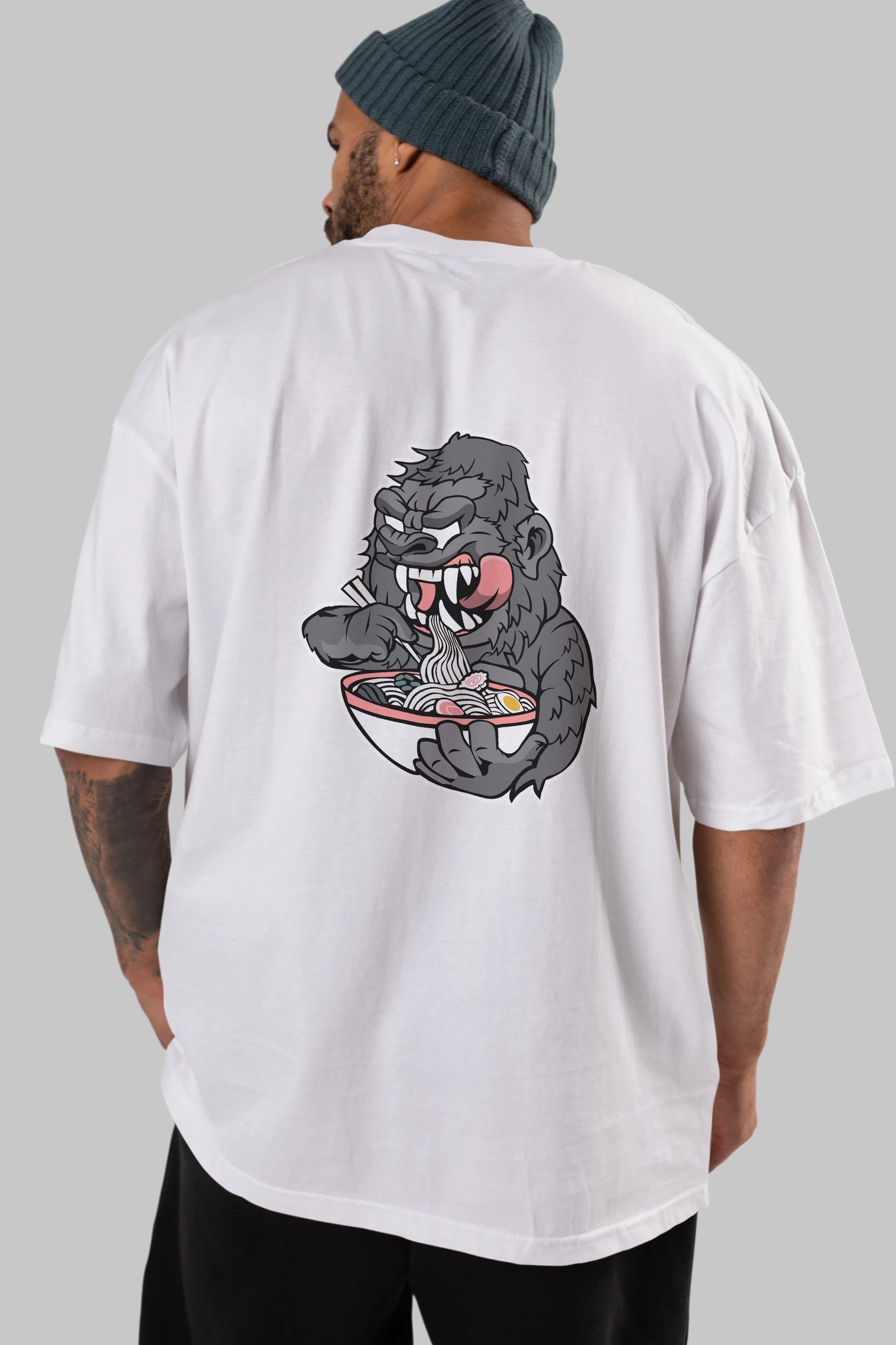Big Gorilla Ramen Arka Baskılı Oversize t-shirt Erkek Kadın Unisex %100 Pamuk tişort