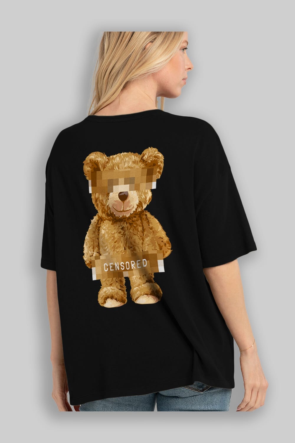 Teddy Bear Censored Arka Baskılı Oversize t-shirt Erkek Kadın Unisex %100 Pamuk