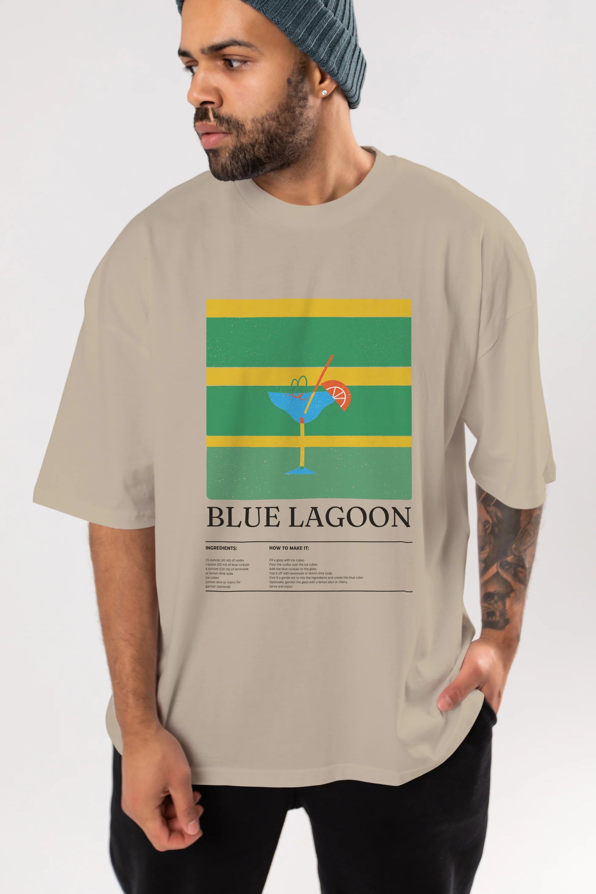 Blue Lagoon Kokteyl Ön Baskılı Oversize t-shirt Erkek Kadın %100 Pamuk Bisiklet Yaka tişort