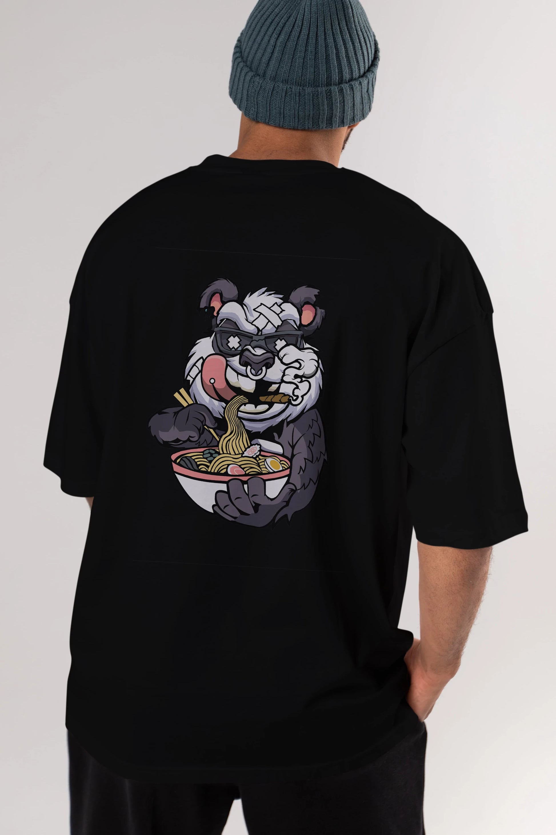 Panda Ramen Arka Baskılı Oversize t-shirt Erkek Kadın Unisex %100 Pamuk tişort