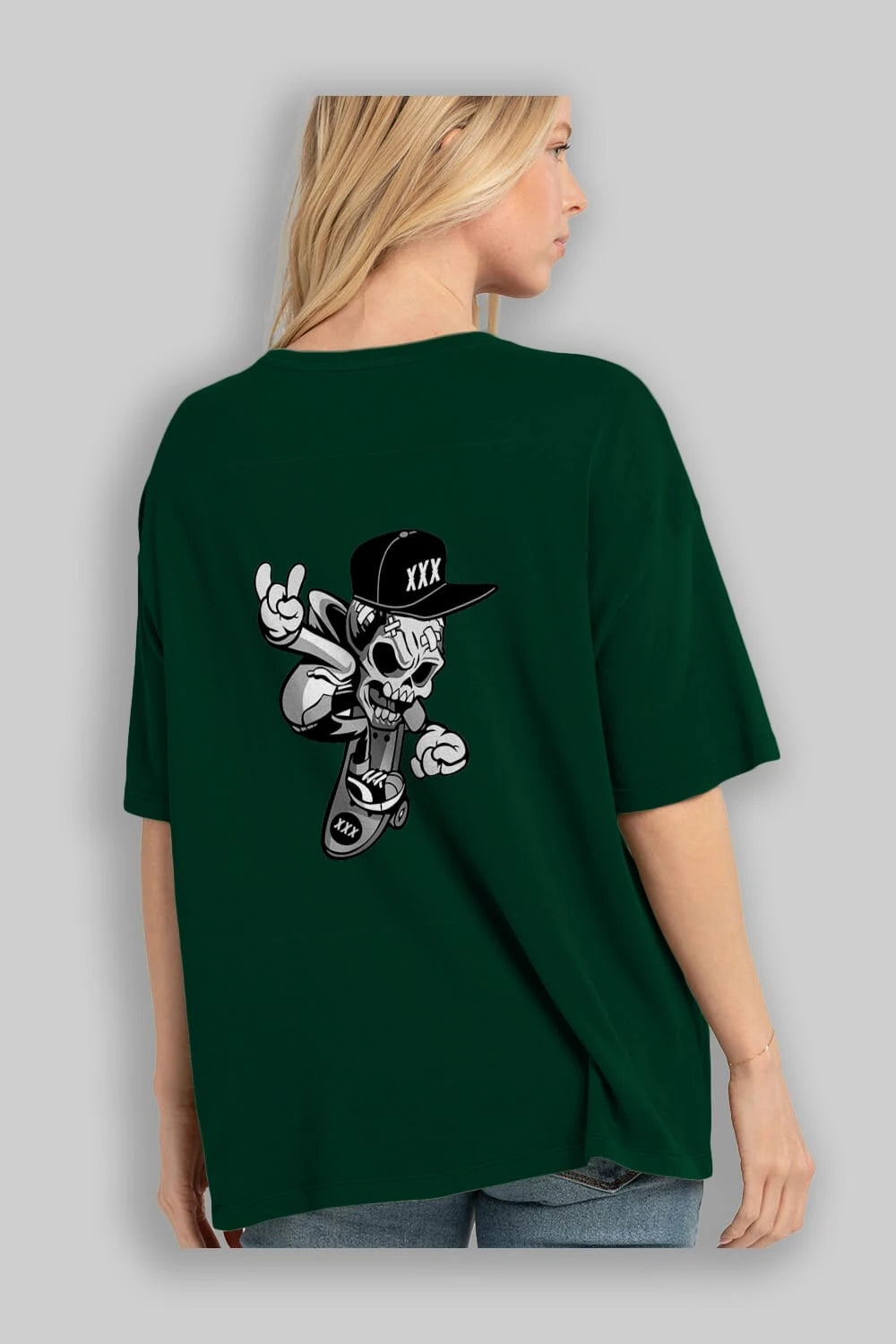 Skull Skateboard Arka Baskılı Oversize t-shirt Erkek Kadın Unisex %100 Pamuk tişort