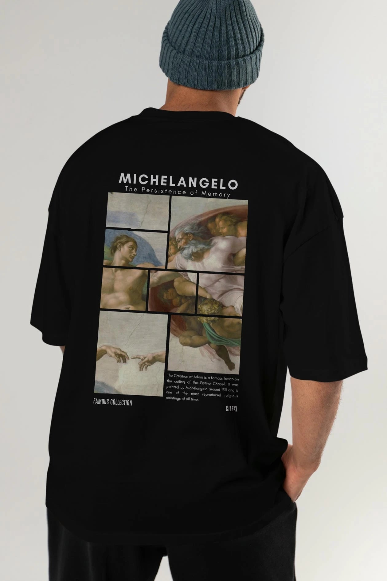 Michelangelo Arka Baskılı Oversize t-shirt Erkek Kadın Bisiklet Yaka Pamuk tişort