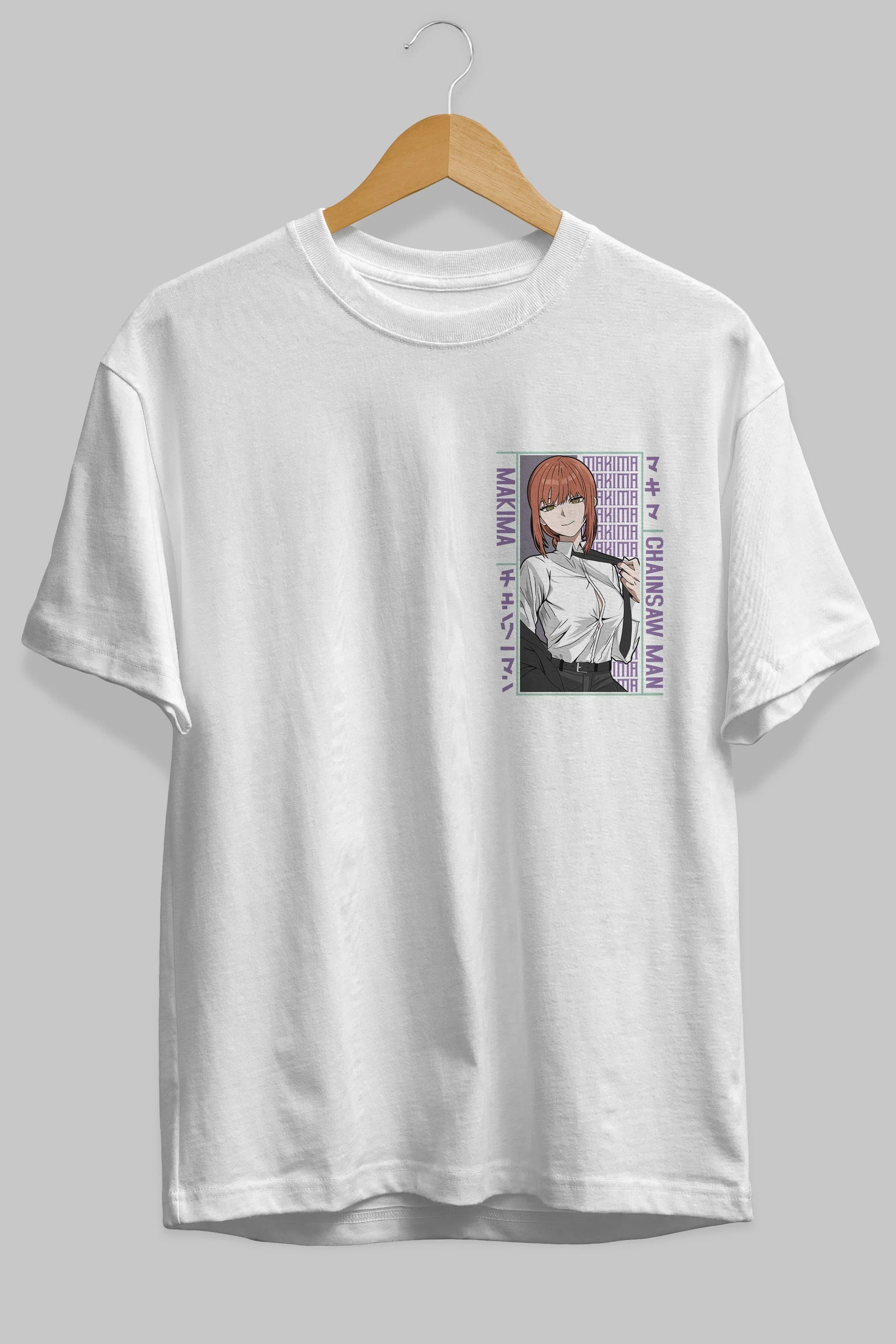 Makima Chain Saw Man Ön Sol Baskılı Oversize t-shirt Erkek Kadın Unisex %100 Pamuk Bisiklet Yaka tişort