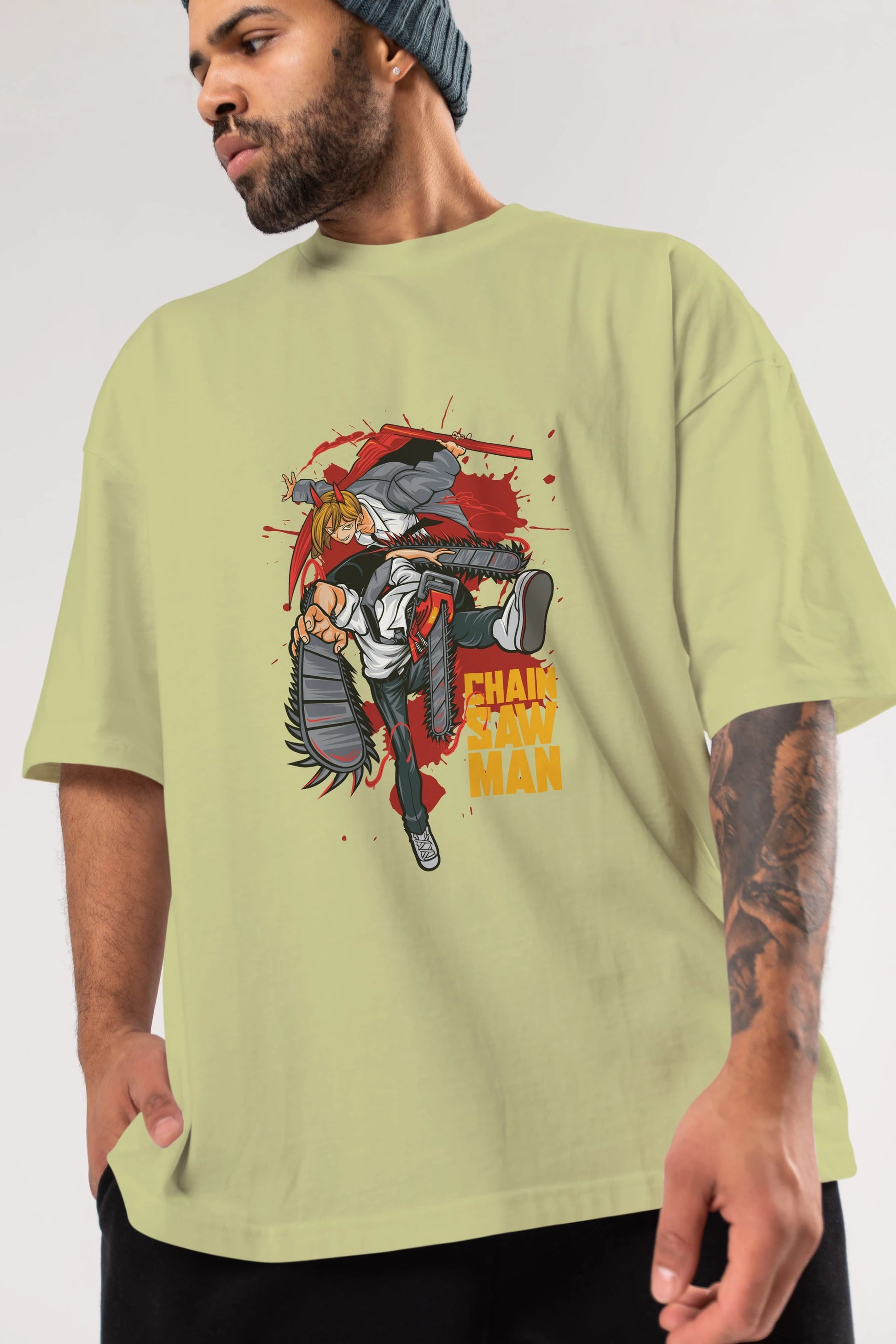 DENJI and POWER Anime Ön Baskılı Oversize t-shirt %100 pamuk Erkek Kadın Unisex