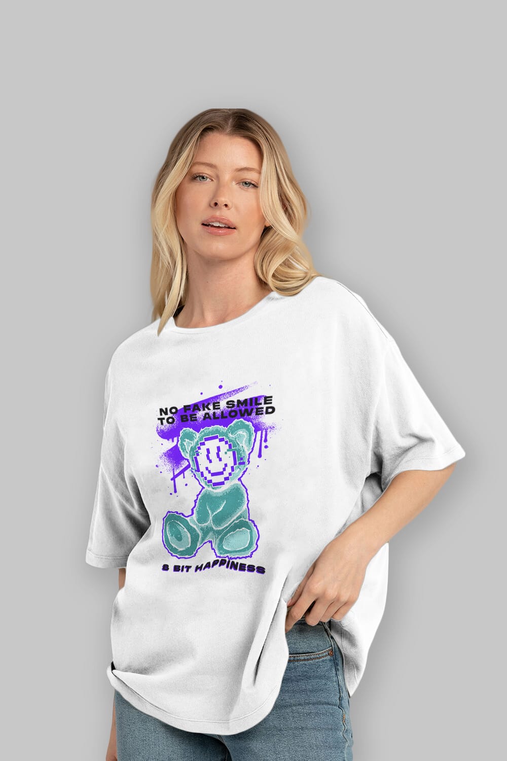 No Fake Smile Bear Ön Baskılı Oversize t-shirt Erkek Kadın Unisex