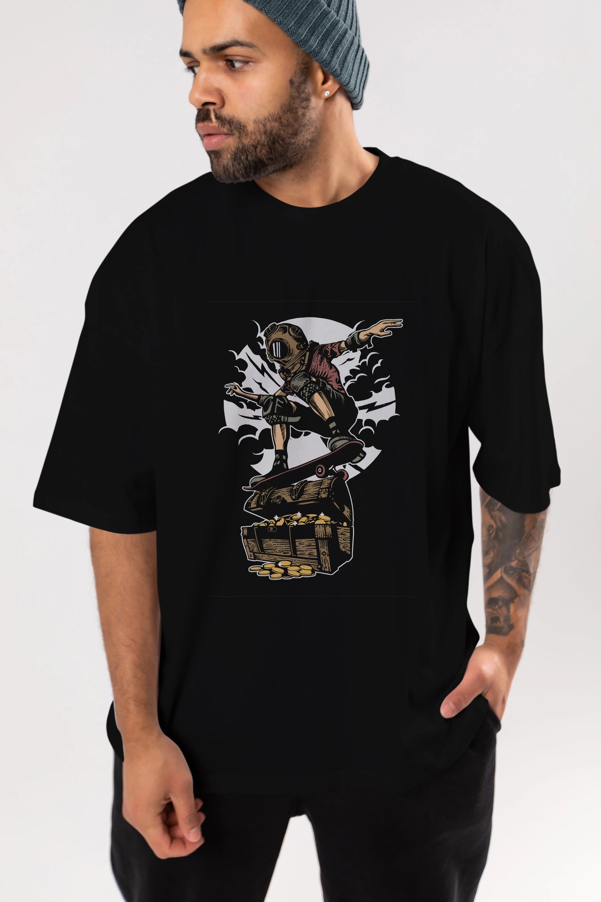 Diver Skater Treasure Ön Baskılı Oversize t-shirt Erkek Kadın Unisex %100 Pamuk tişort