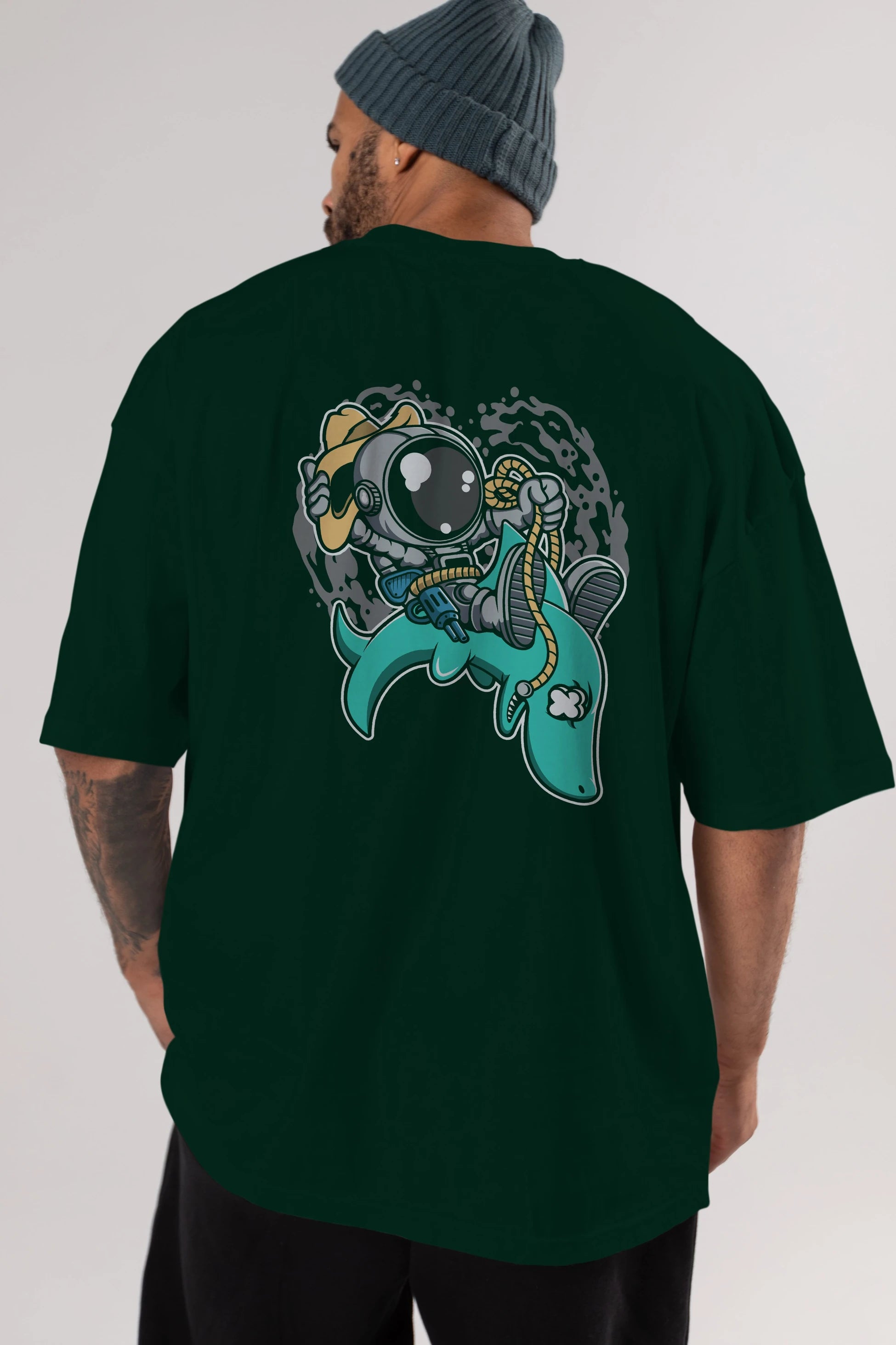 Astronaut Riding Shark Arka Baskılı Oversize t-shirt Erkek Kadın Unisex
