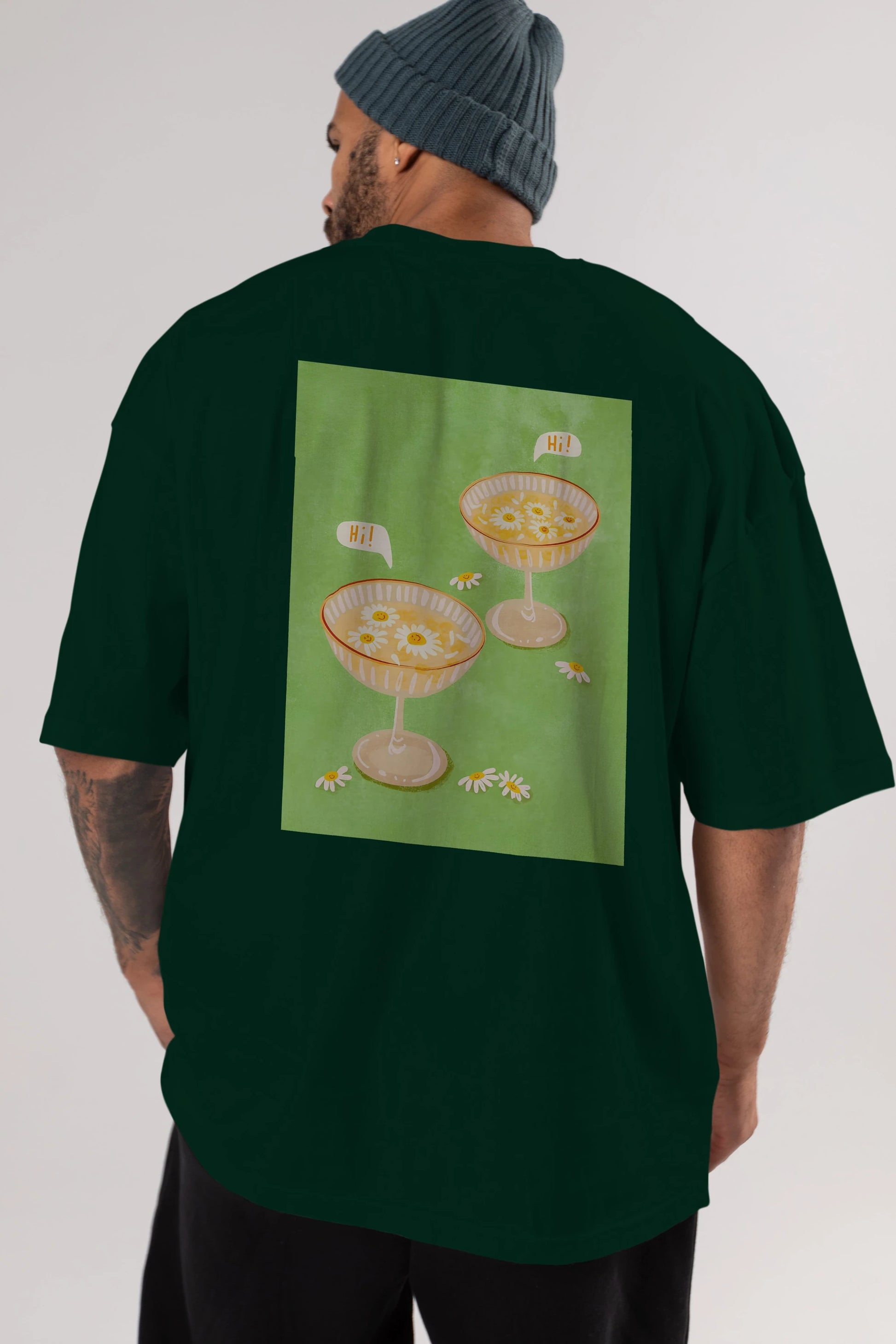 Hi Cheers Arka Baskılı Oversize t-shirt Erkek Kadın Unisex %100 Pamuk Bisiklet Yaka tişort