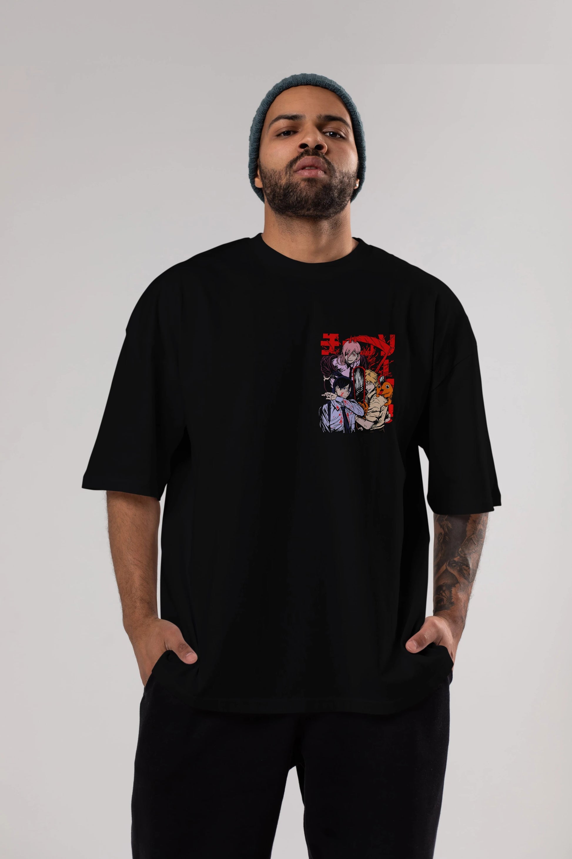 CHAINSAWMAN CREW Ön Sol Baskılı Oversize t-shirt Erkek Kadın Unisex %100 Pamuk Bisiklet Yaka tişort